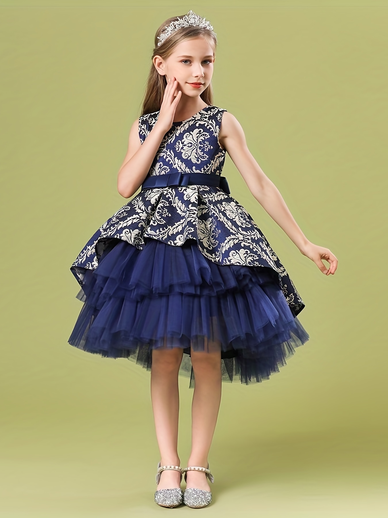 Girl's Jacquard Layered Mesh Dress, Sleeveless Elegant Dress For