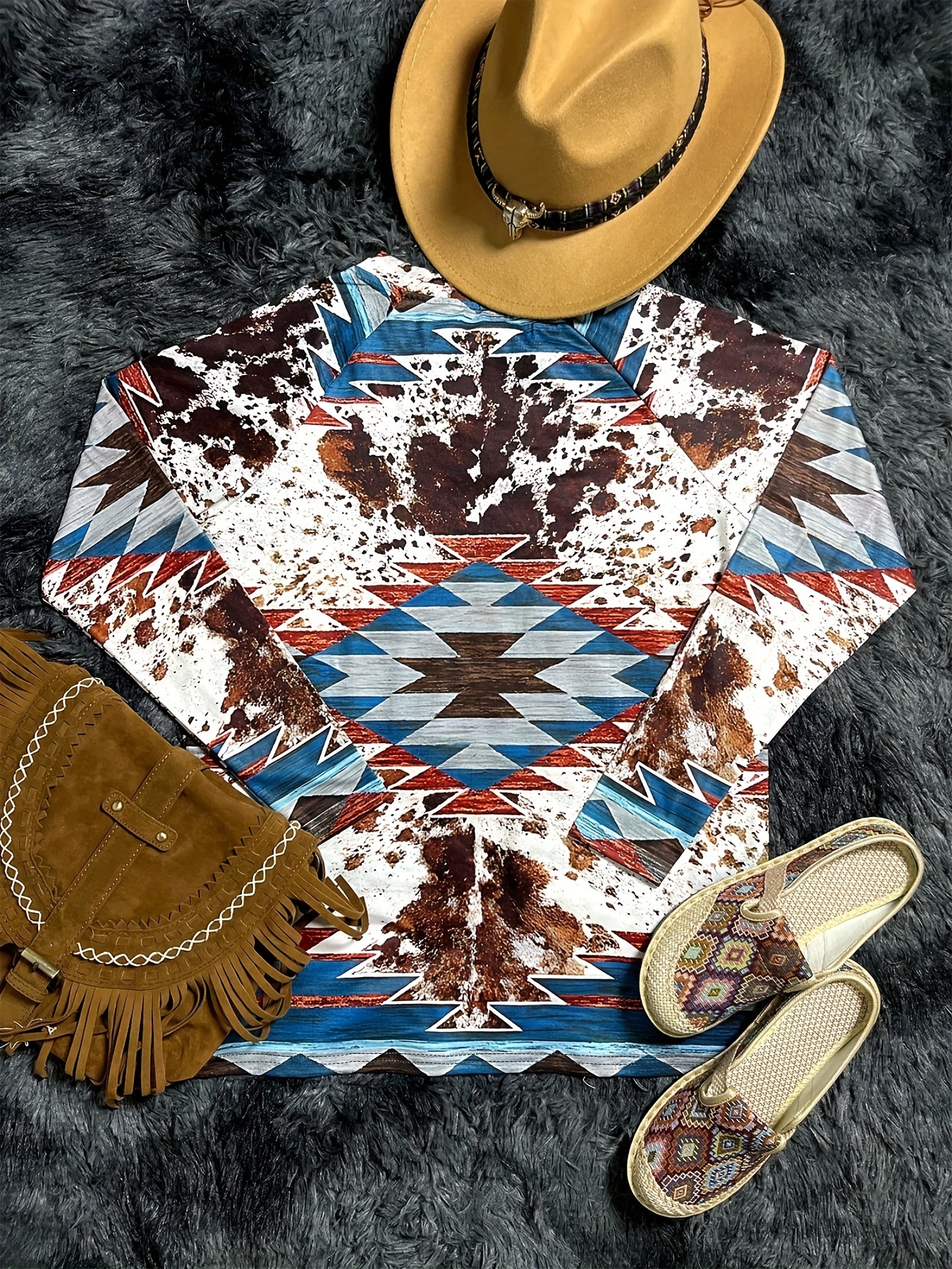 Aztec Ethnic Print V Neck T shirt Vintage Western Loose Long