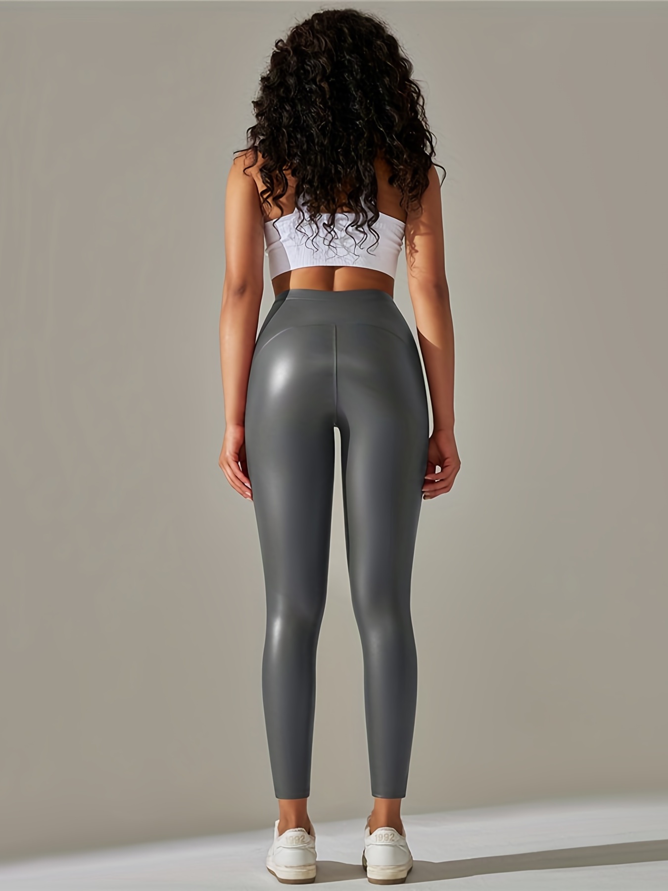 Faux Leather Solid Skinny Leggings Casual High Waist Thermal - Temu