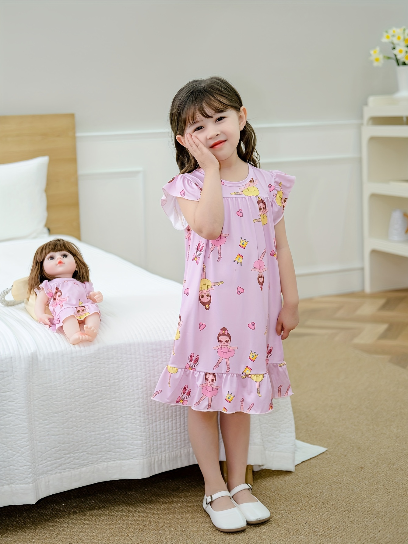 Matching Doll & Girls Thin Night Dress 2 Pieces Cartoon Print Sleepwear 38.1 Cm Doll Nightwear (Not Include Doll)