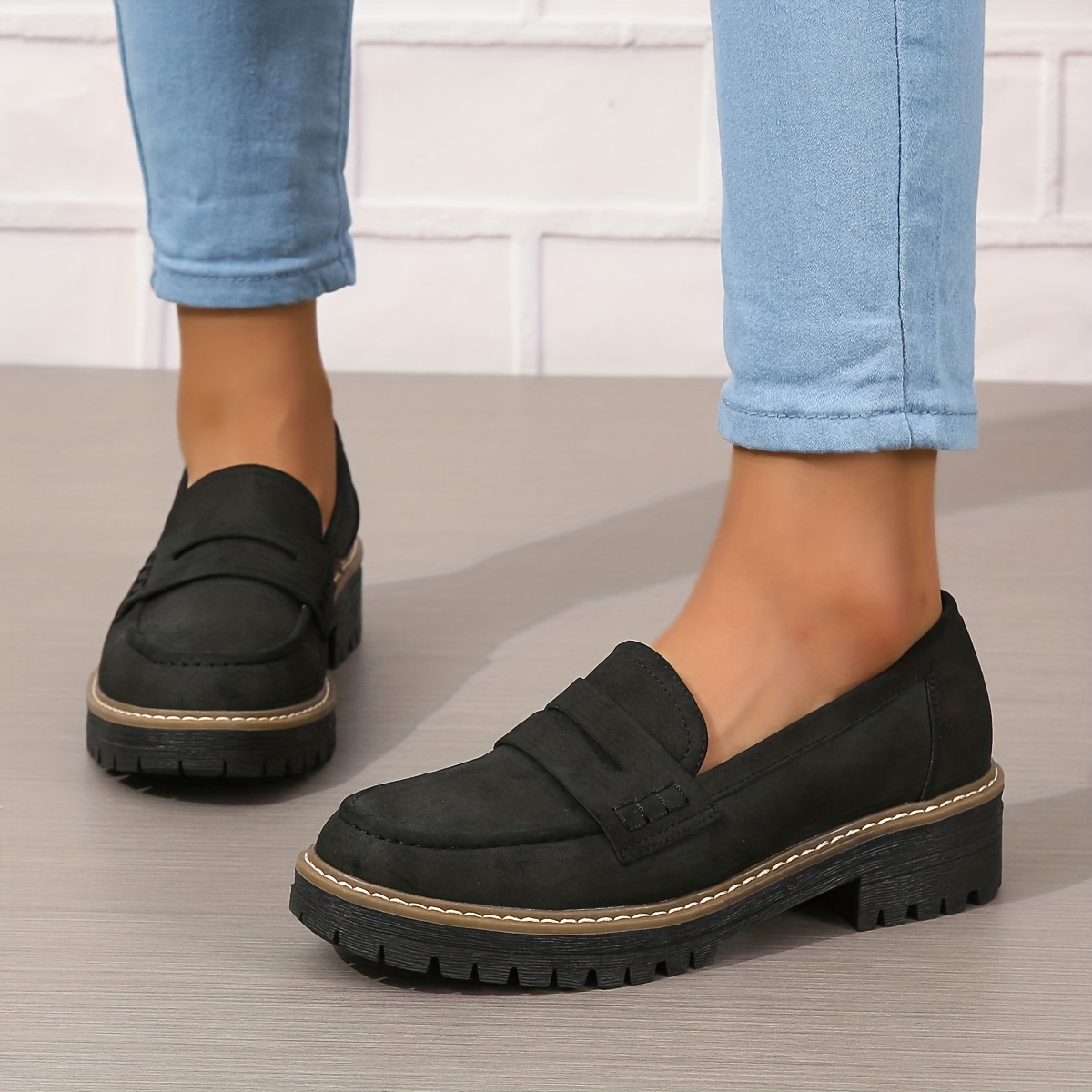Women s Chunky Loafers Retro Solid Color Round Toe Slip - Temu Canada
