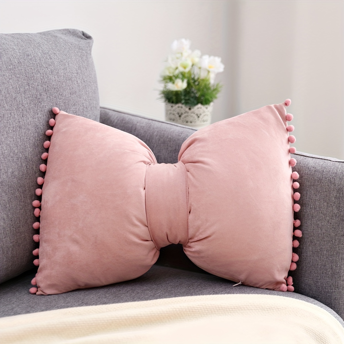 

1pc Faux Suede Fuzzy Pom Pom Bow Throw Pillow Cover - Removable Strap, Perfect For Bedroom, Sofa, And Living Room Decor - 12x20 Inches