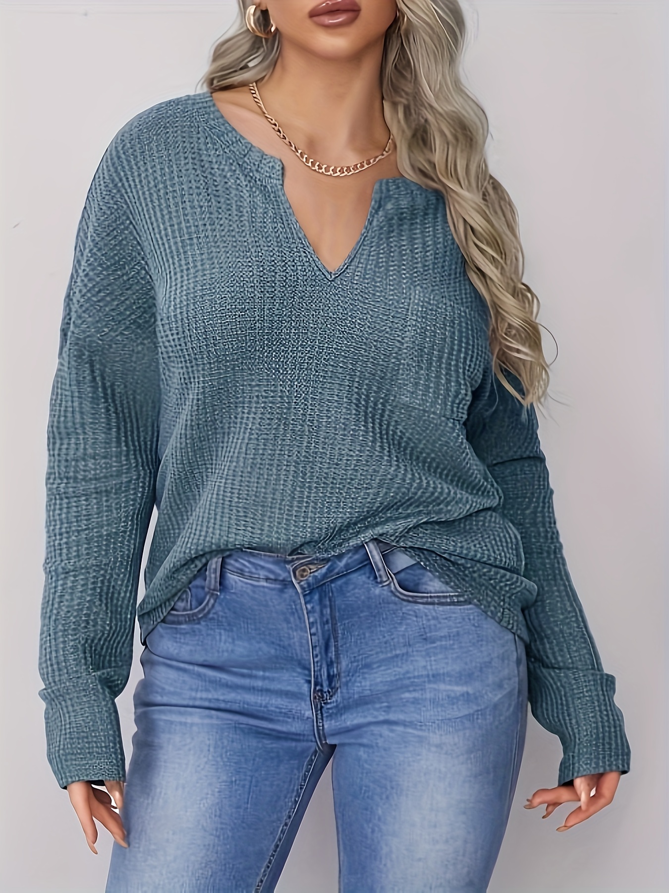 Plus Size Casual Sweatshirt Women's Plus Solid Waffle Knit - Temu Canada