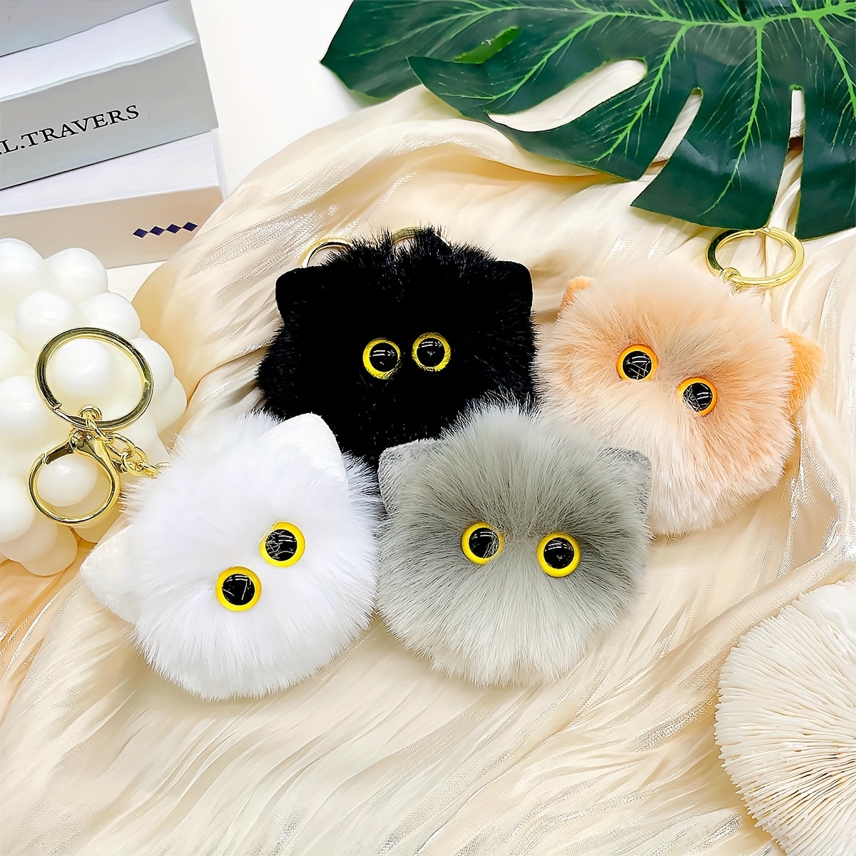 Cute Fluffy Cat Head Charm Keychain, Cartoon Pom Pom Kitten Car Key  Ornament Keychain - Temu