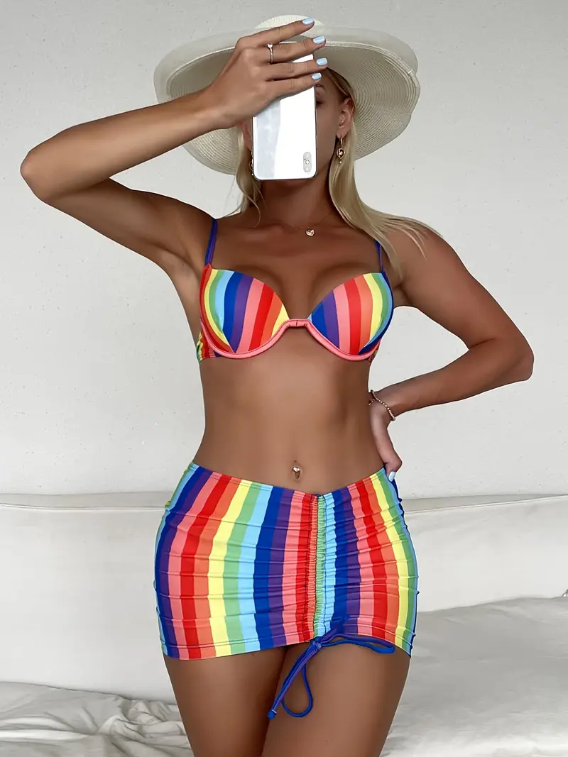 Colorblock Striped S Colorful Underwire Push Bikini Sets - Temu Australia