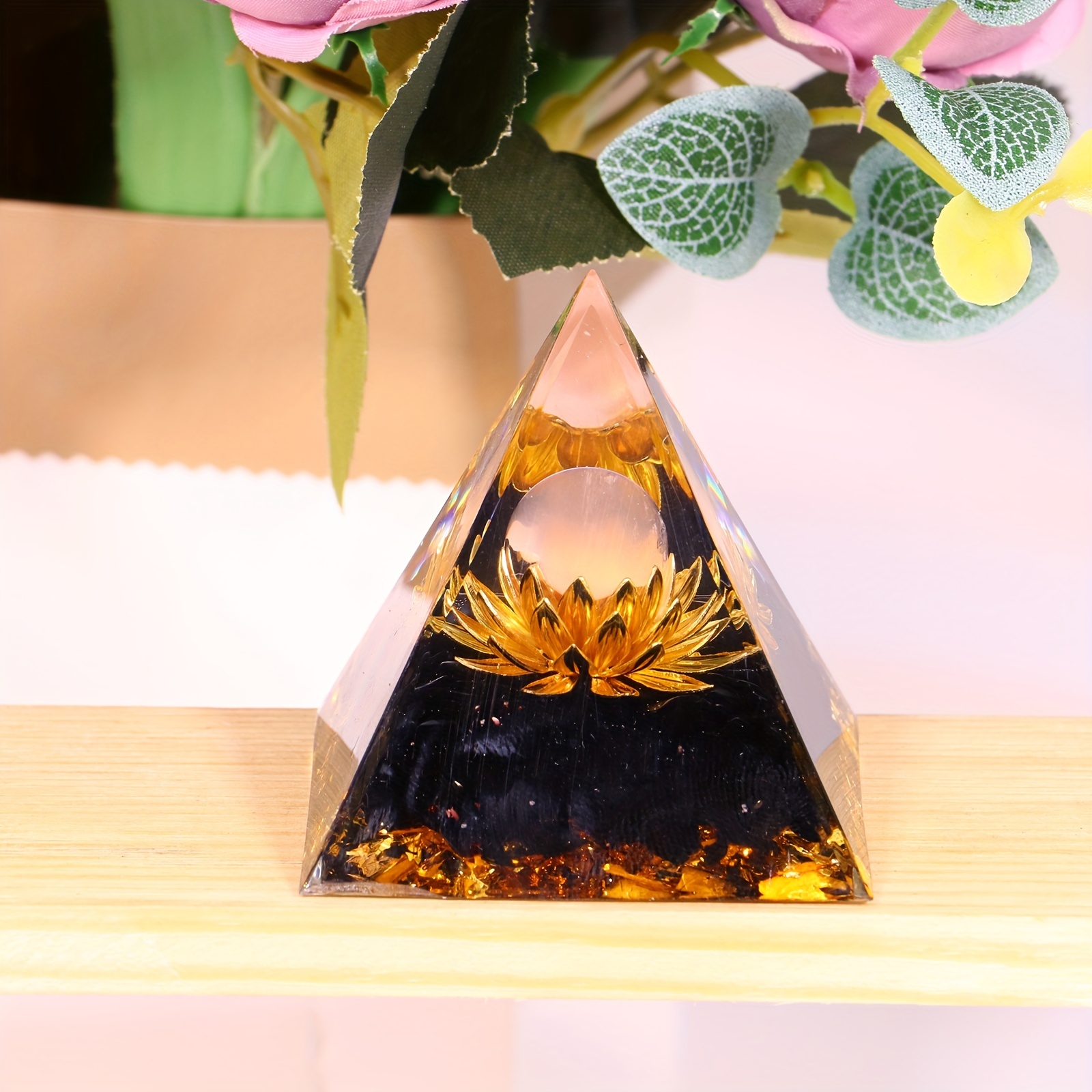 Meditation Resin pyramid real flowers decor, spiritual gift