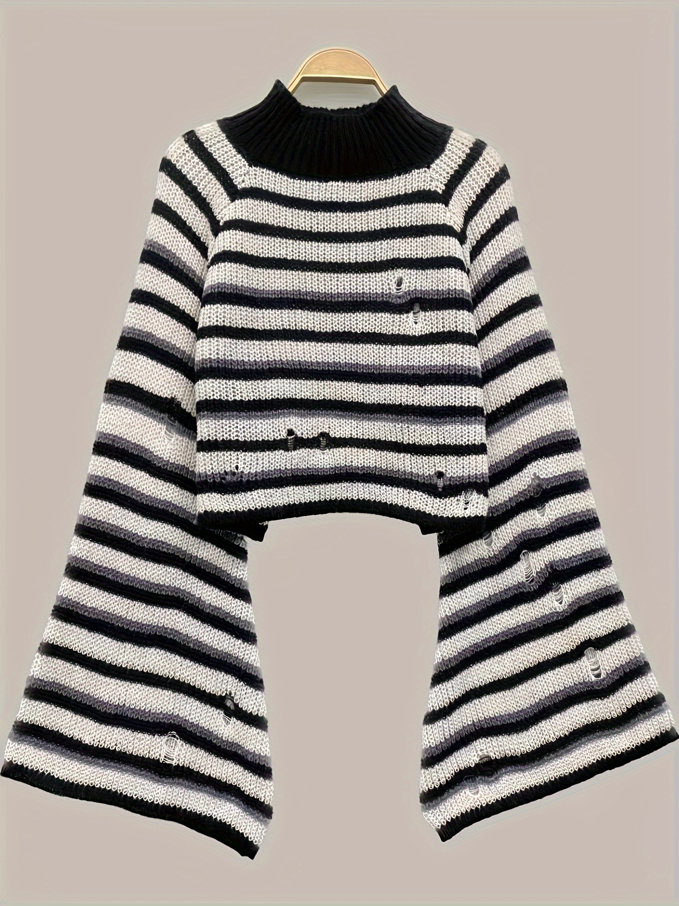 Vintage KMart Mock Turtleneck Striped Knit Cropped Sweater Womens L MCM 60s  70s 