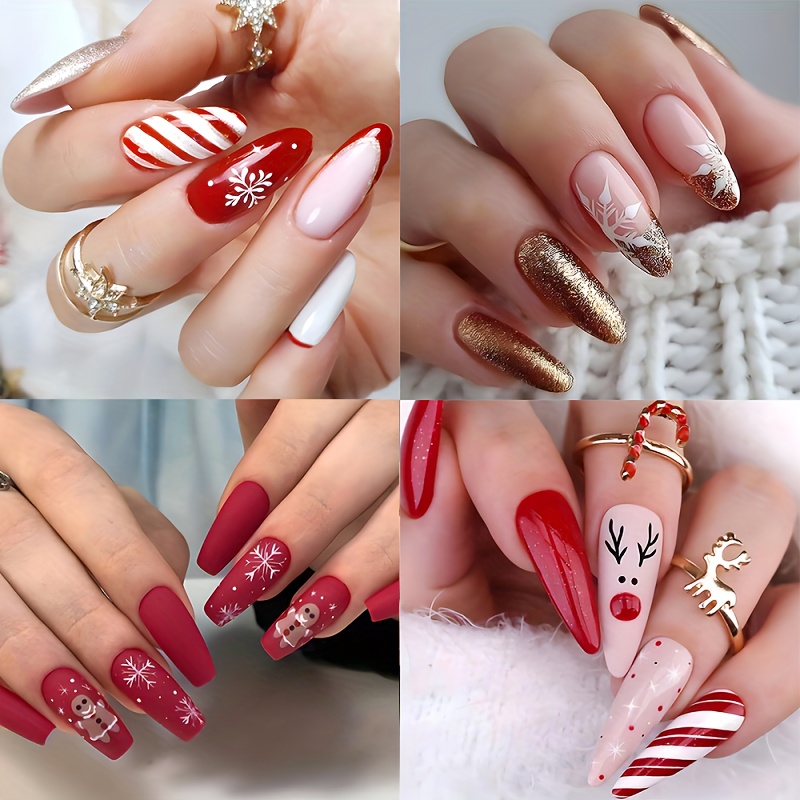 Xmas Elk Pink Long Coffin Press On Nails with Rhinestones