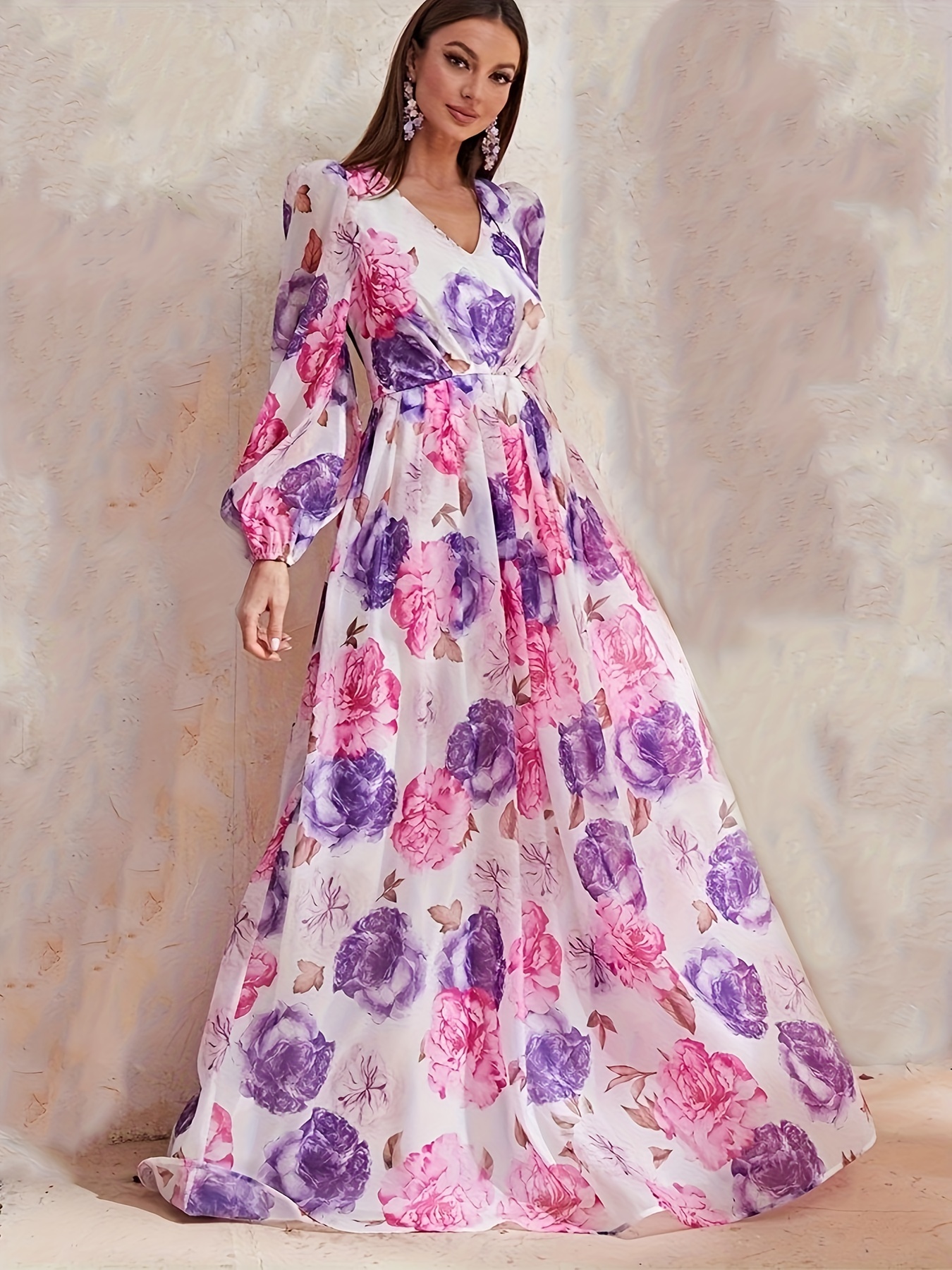 Floral Print Long Sleeve Dress, Vintage V Neck Maxi Dress, Women's ...