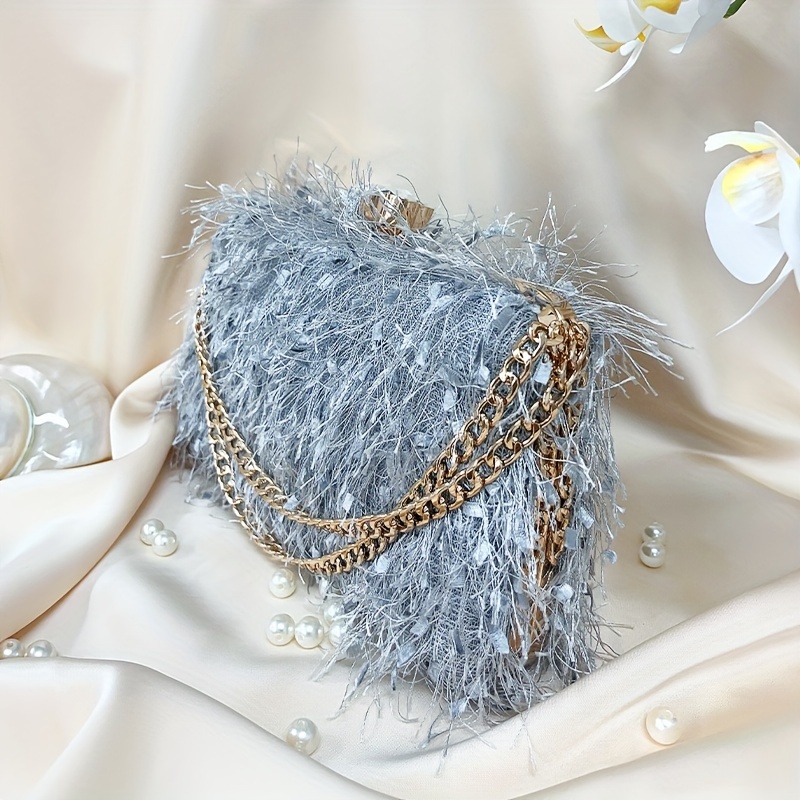 Feather Design Evening Bag, Trendy Chain Clutch Purse, Women's