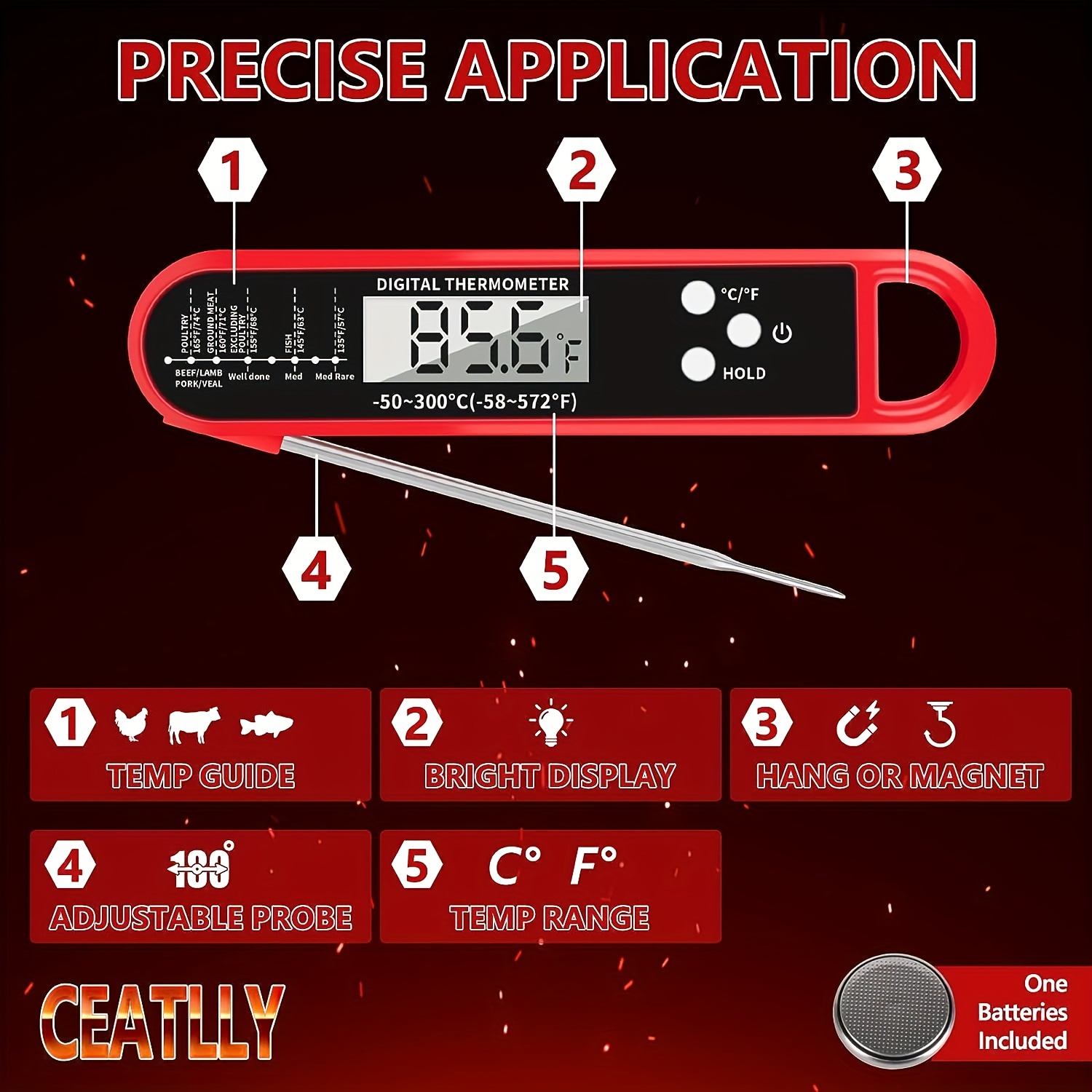 Digital Meat Thermometer with Probe, Instant Read Food Thermometer for Grilling BBQ, Kitchen Cooking, Baking, Liquids, Candy & Air Fryer - IP67