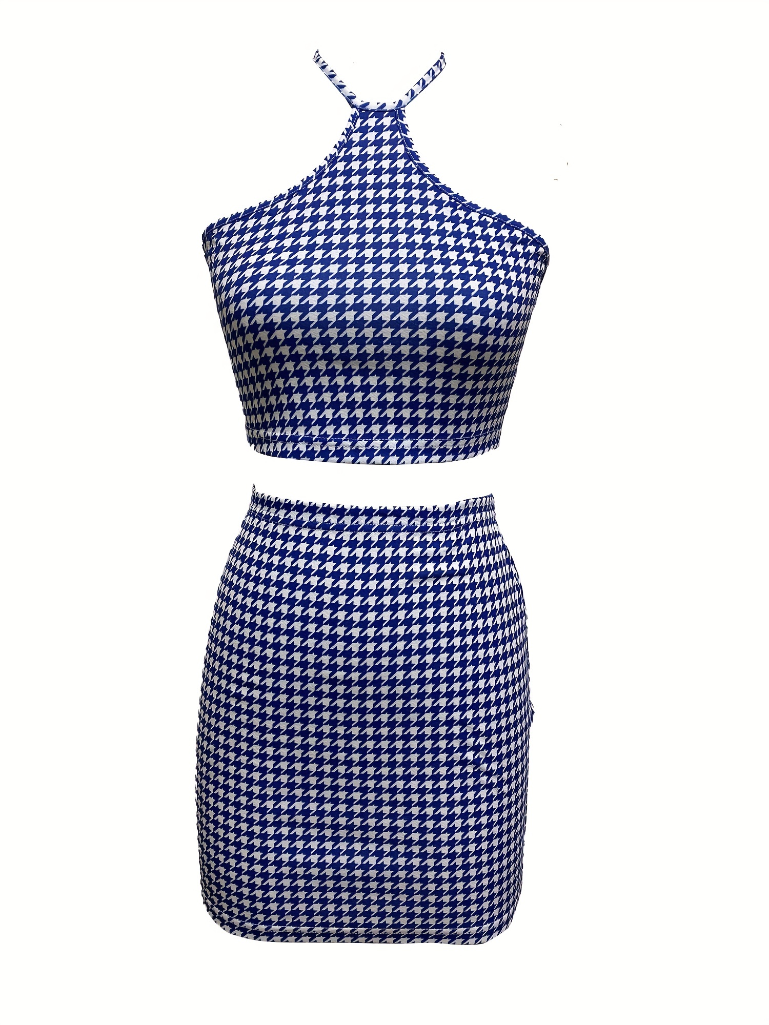 Houndstooth Print Two piece Set Backless Halter Top & Bag Hip Mini Skirts