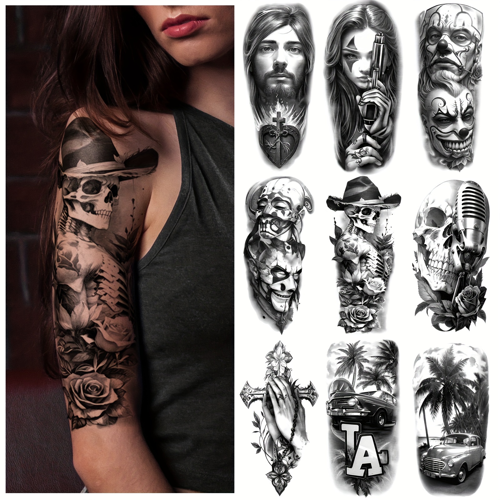 2 Sheets Half Arm Temporary Tattoos -Red and Black Waterproof Fake Tattoos  with Realistic Gothic Girl Roman Numeral Clock Rose Body Art for Men Women  Cute Leg Sleeve Tattoos Stickers for Adults
