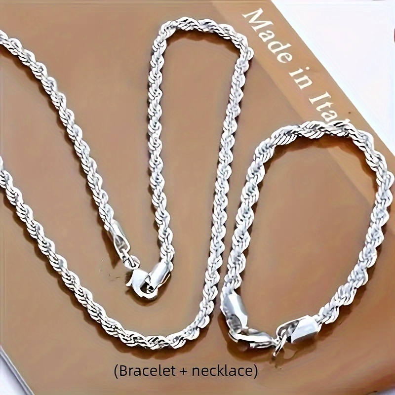 TEMU Conjunto De Collar Y Pulsera De Cadena Trenzada Chapada En Plata 925 - Estilo Casual, Artesanía De Hierro