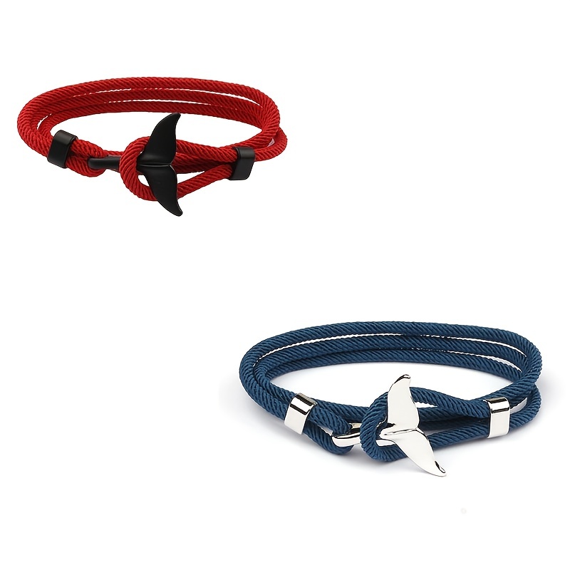 Men's Surfer Braided Metal Whale Fish Fin Anchor Rope Bracelet