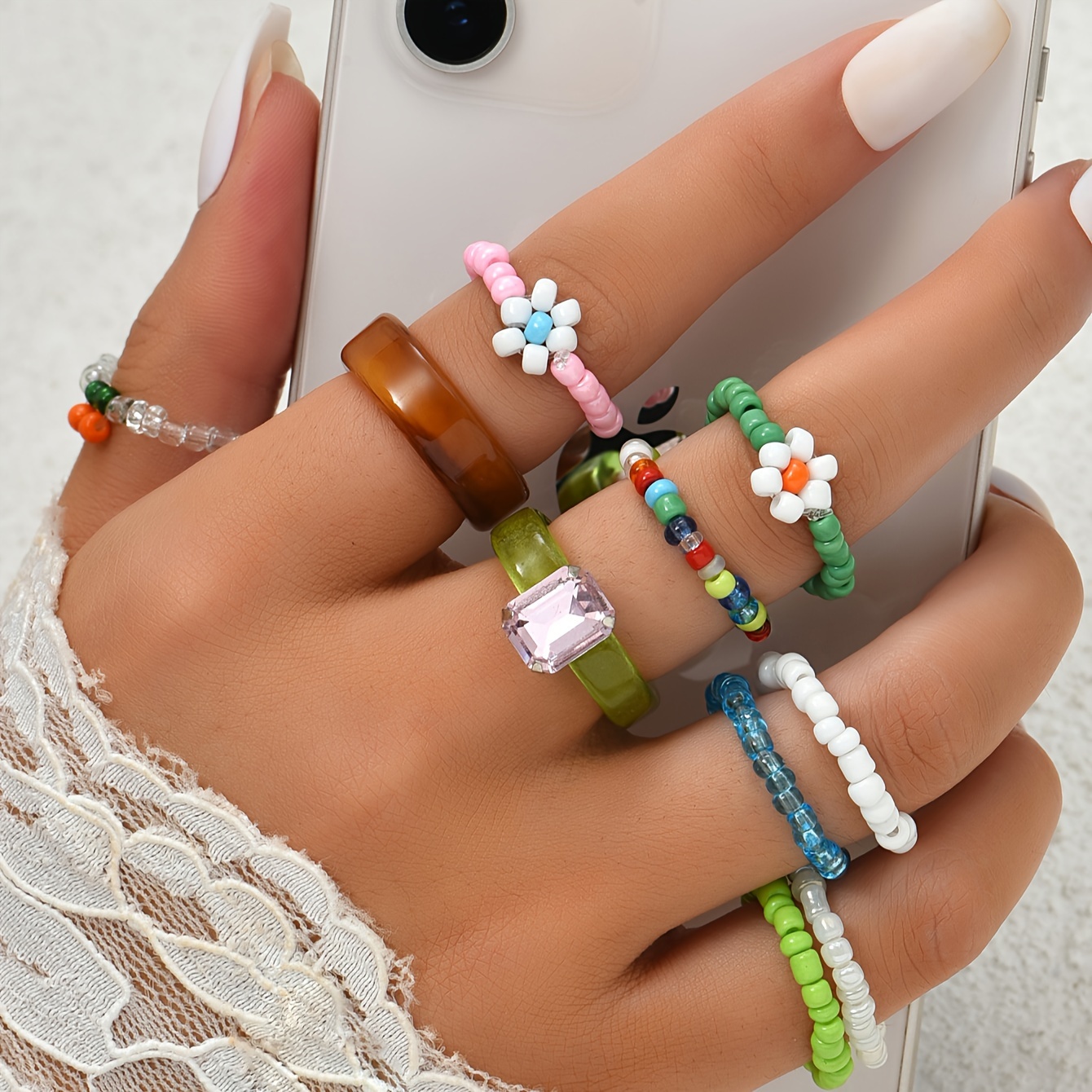 

10pcs Vintage Stacking Bead Rings Dainty Flower/ Simple Band/ Geometry Design Mix And Match For Daily Outfits Party Accessories