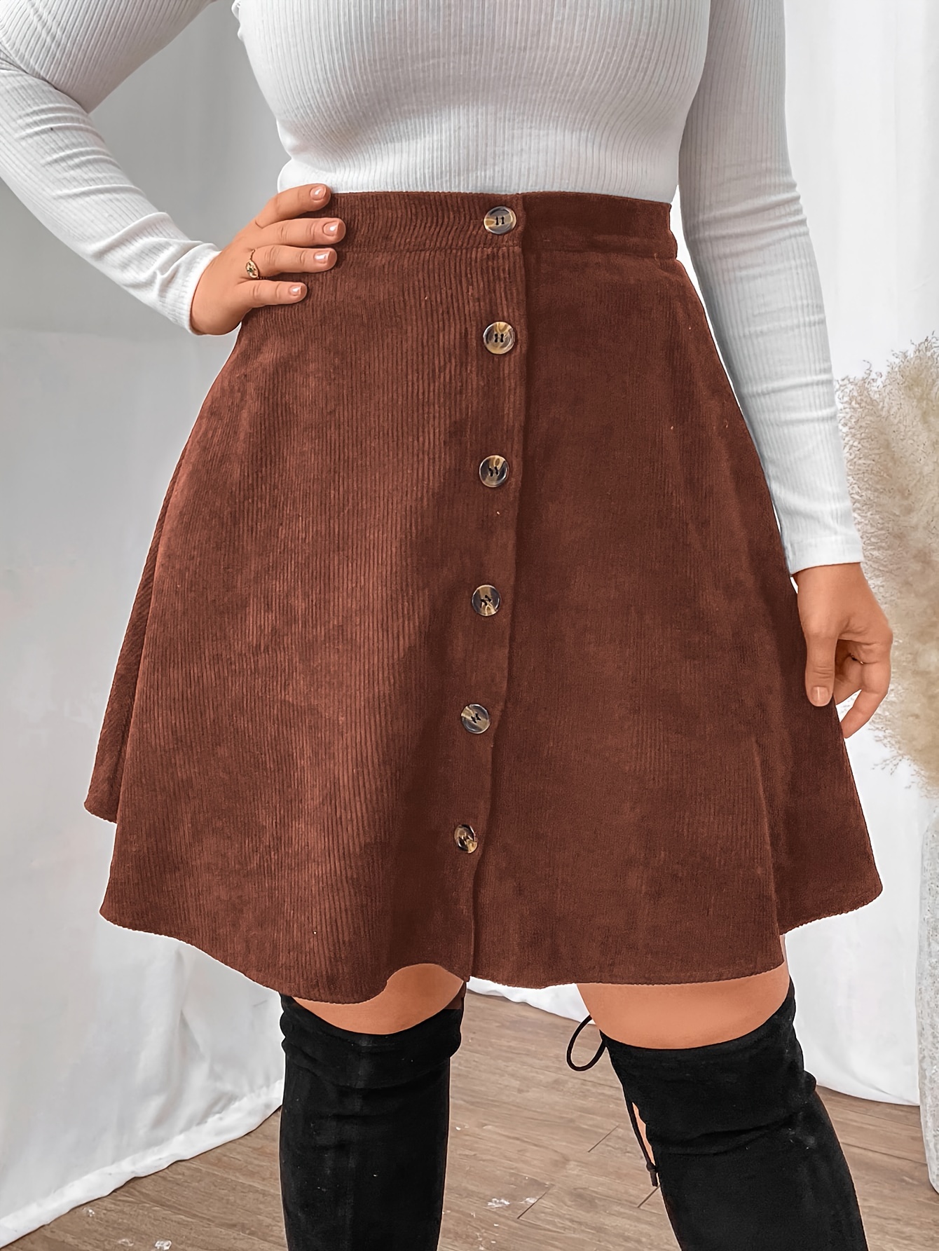 Plus Size Solid Button Front Skirt, Casual High Waist Midi Skirt, Women&#39;s Plus Size Clothing