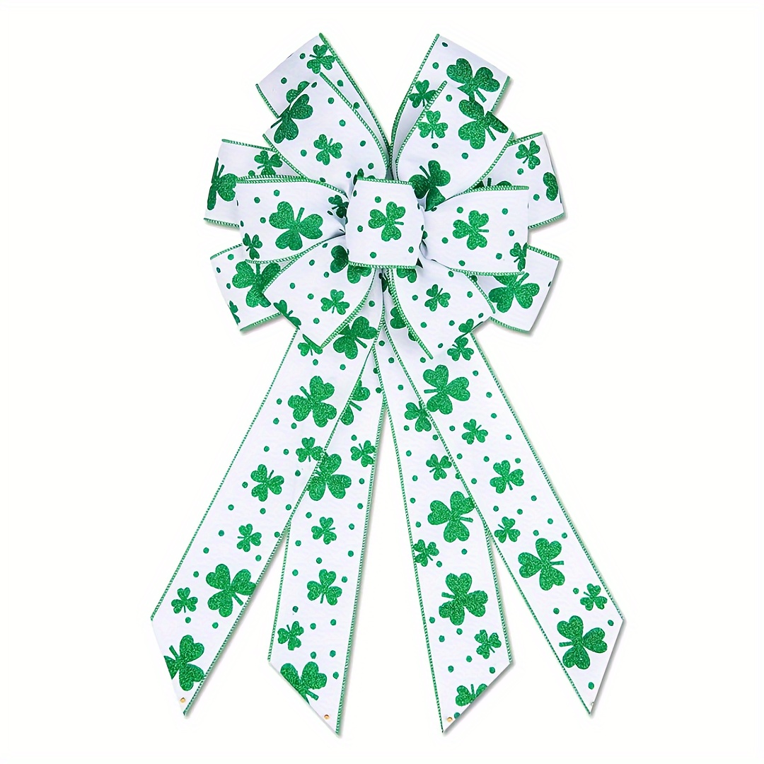 

1pc Large St. Patrick's Day Bows For Wreath, Green Shamrock Bow White Burlap Wreath Bows Holiday Irish Clover Tree Topper Bows For Front Door Saint Patrick's Day Decorations Supplies
