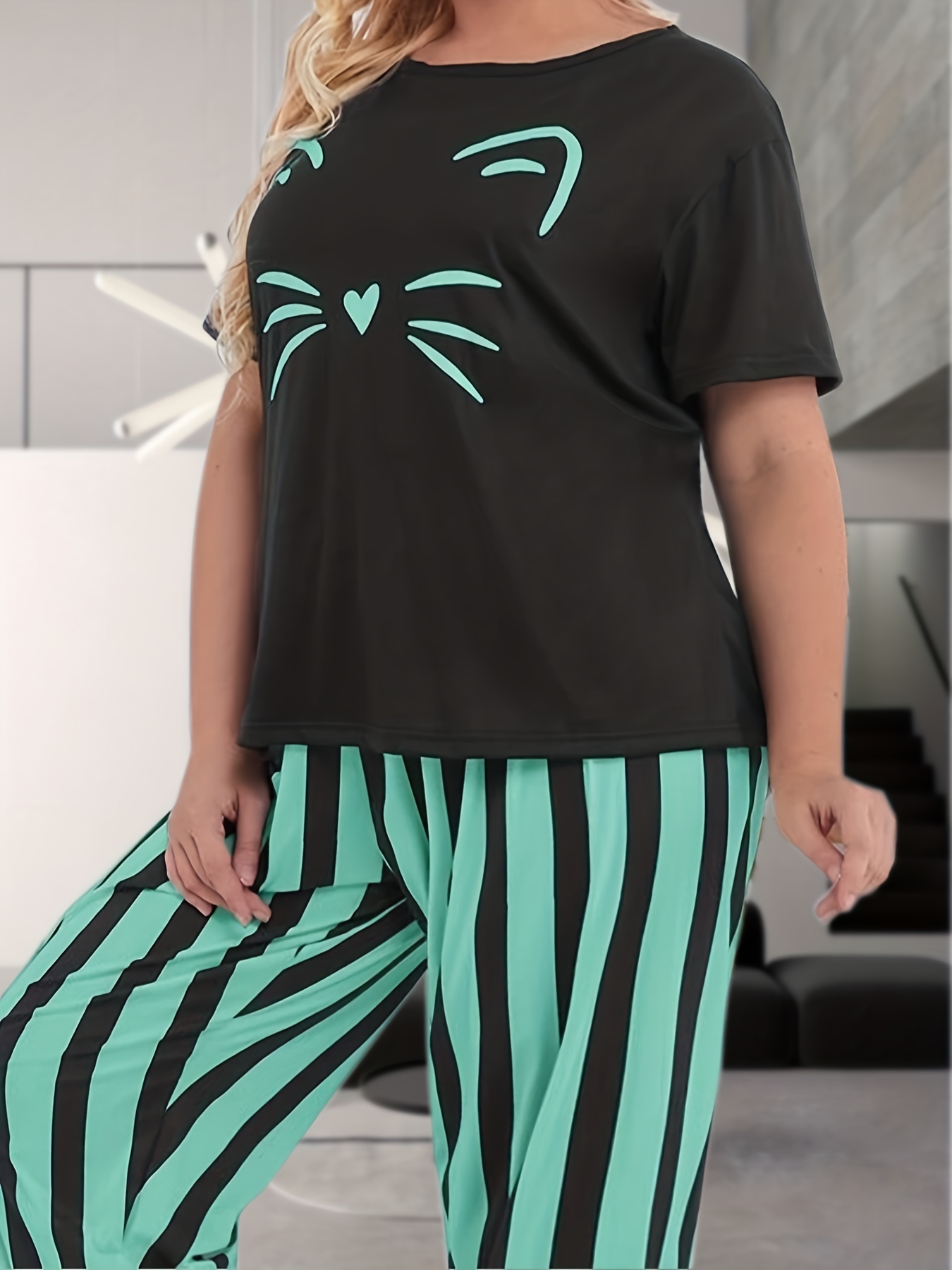 Plus Size Cute Pajama Set Women's Plus Cat Print Short - Temu