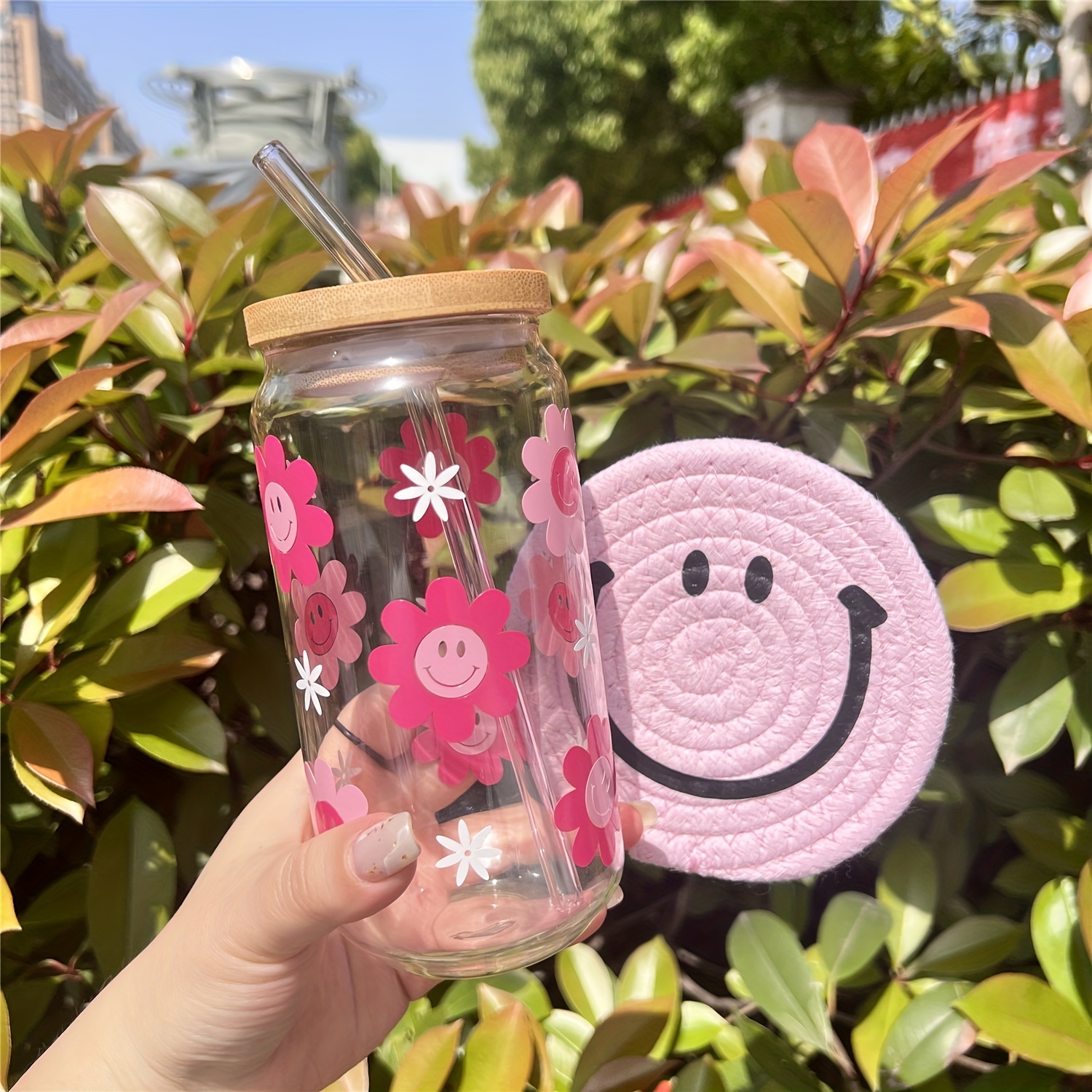 16oz Pink Butterflies Design Ice Coffee Glass Cup With Bamboo Lid, Pink  Glass Straw And Straw Brush, Holographic Vinyl Craft Beer Glass Can, Soda  Glas