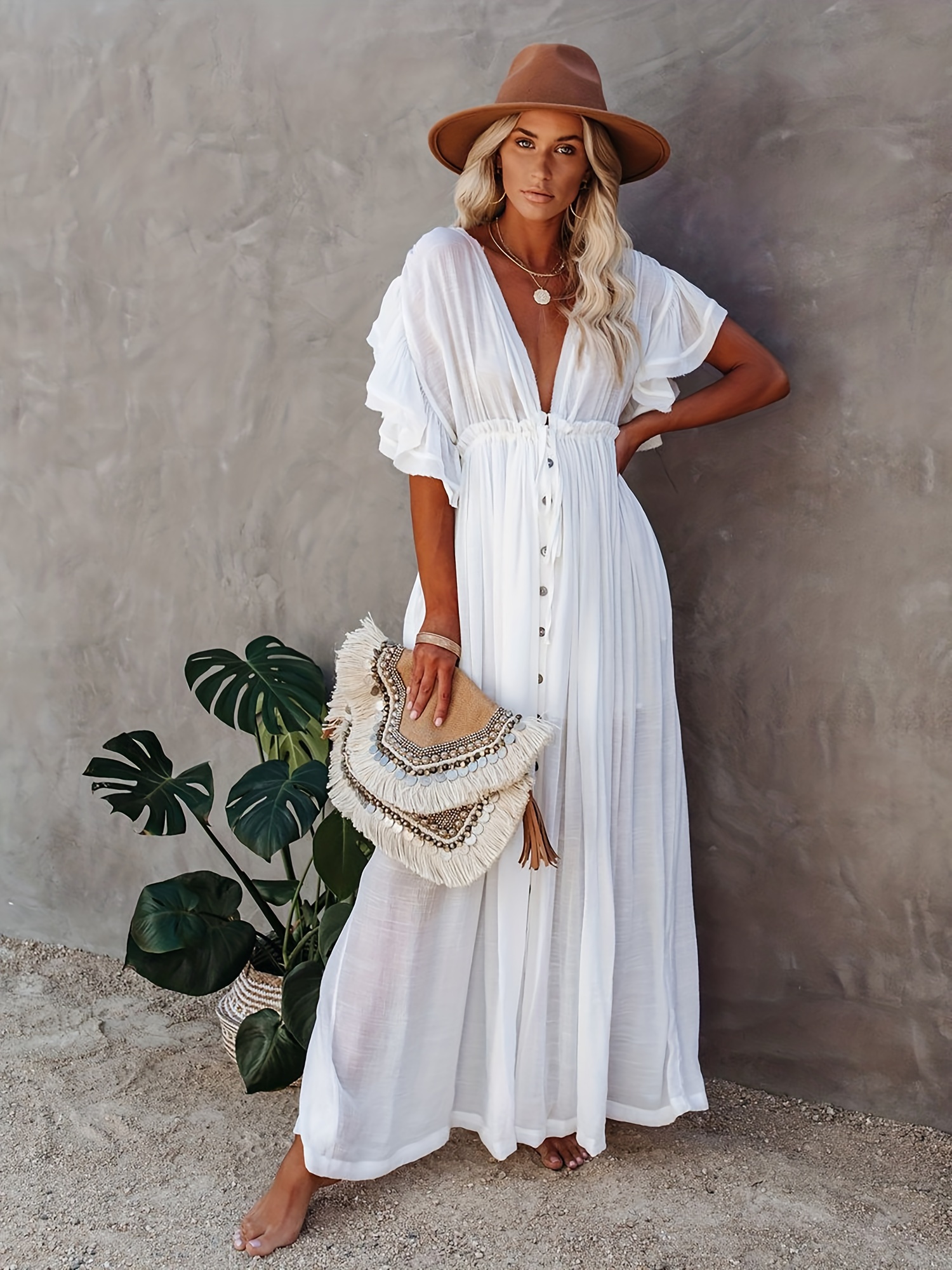 Ruffle Sleeve Beach Cover Up Dress Boho Style Tie Back Backless Kaftan