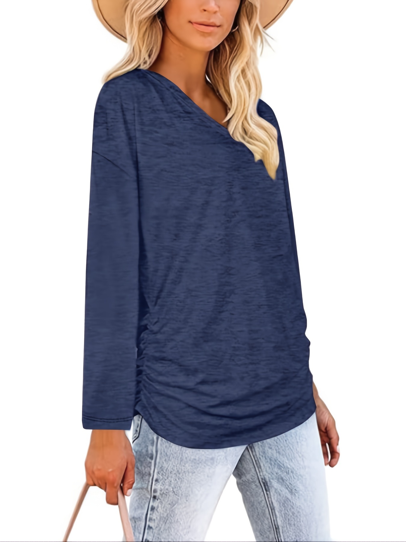 Women's T shirt V neck Solid Long Sleeve Loose Tops - Temu