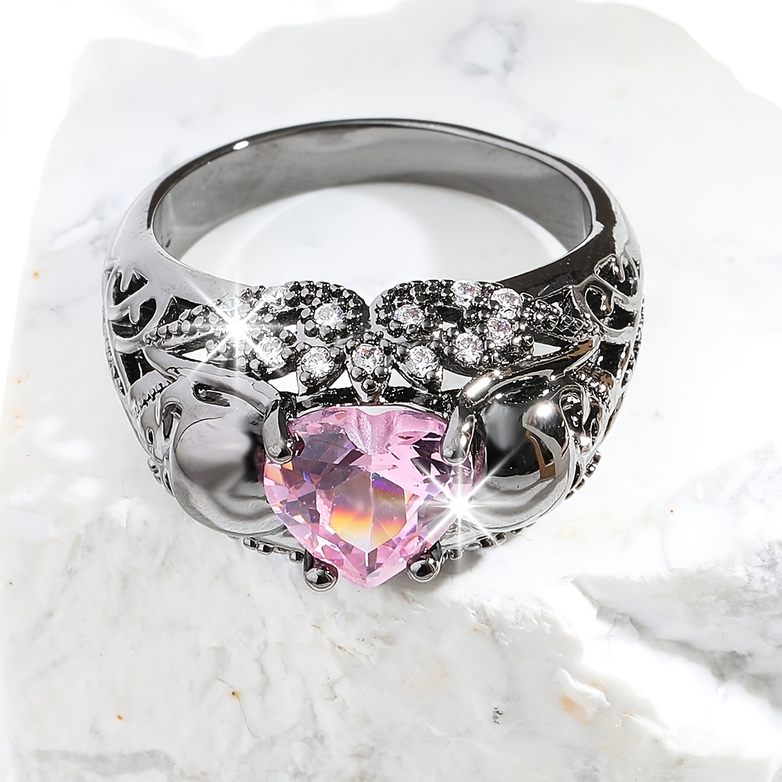 Skull Pink Heart Zircon Ring for Women