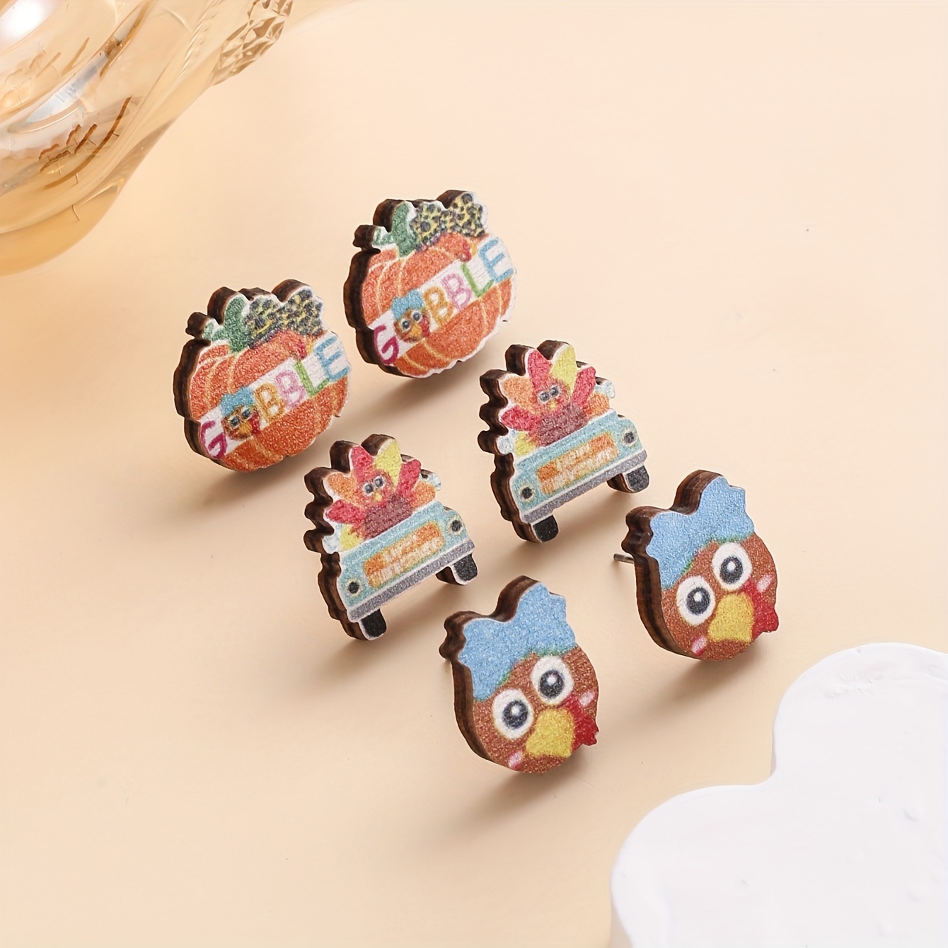 

3 Pairs/set European And American Thanksgiving Theme Cartoon Cute Turkey Pumpkin Car Wooden Earrings Female Set