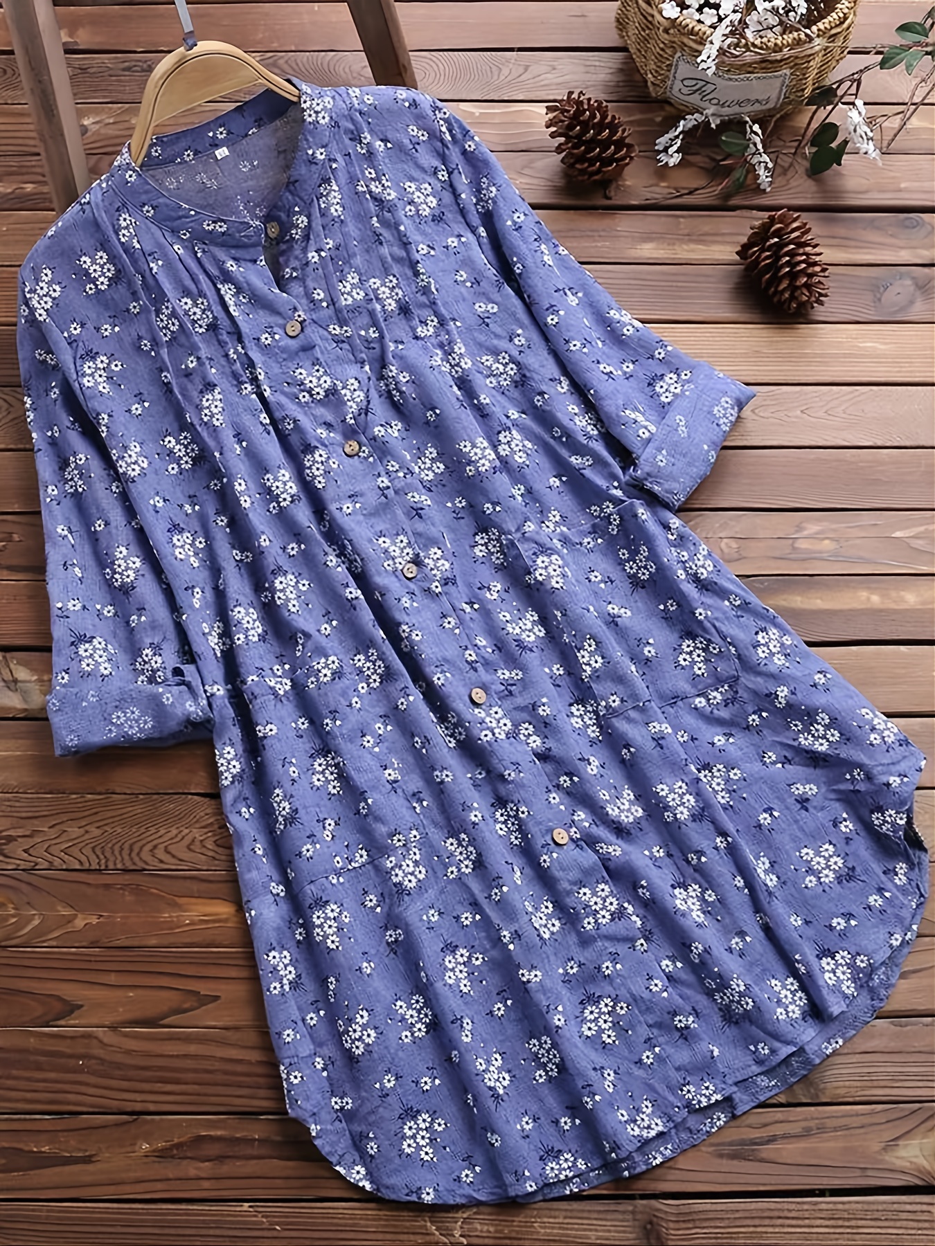 Ditsy Floral Print Button Front Midi Dress with Pocket