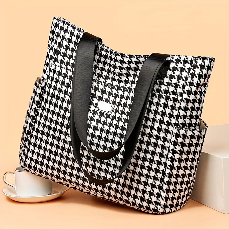 Houndstooth Pattern Tote Bag, Classic Retro Satchel Purse With Top Handle,  Women's Plaid Pattern Shoulder Bag - Temu