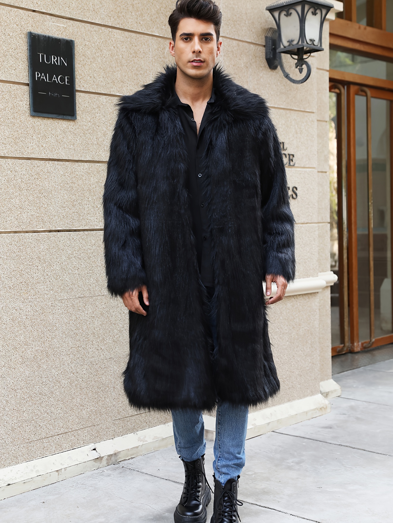 Men's Trendy Faux Fur Coat Full Length Winter Stylish Lapel Open