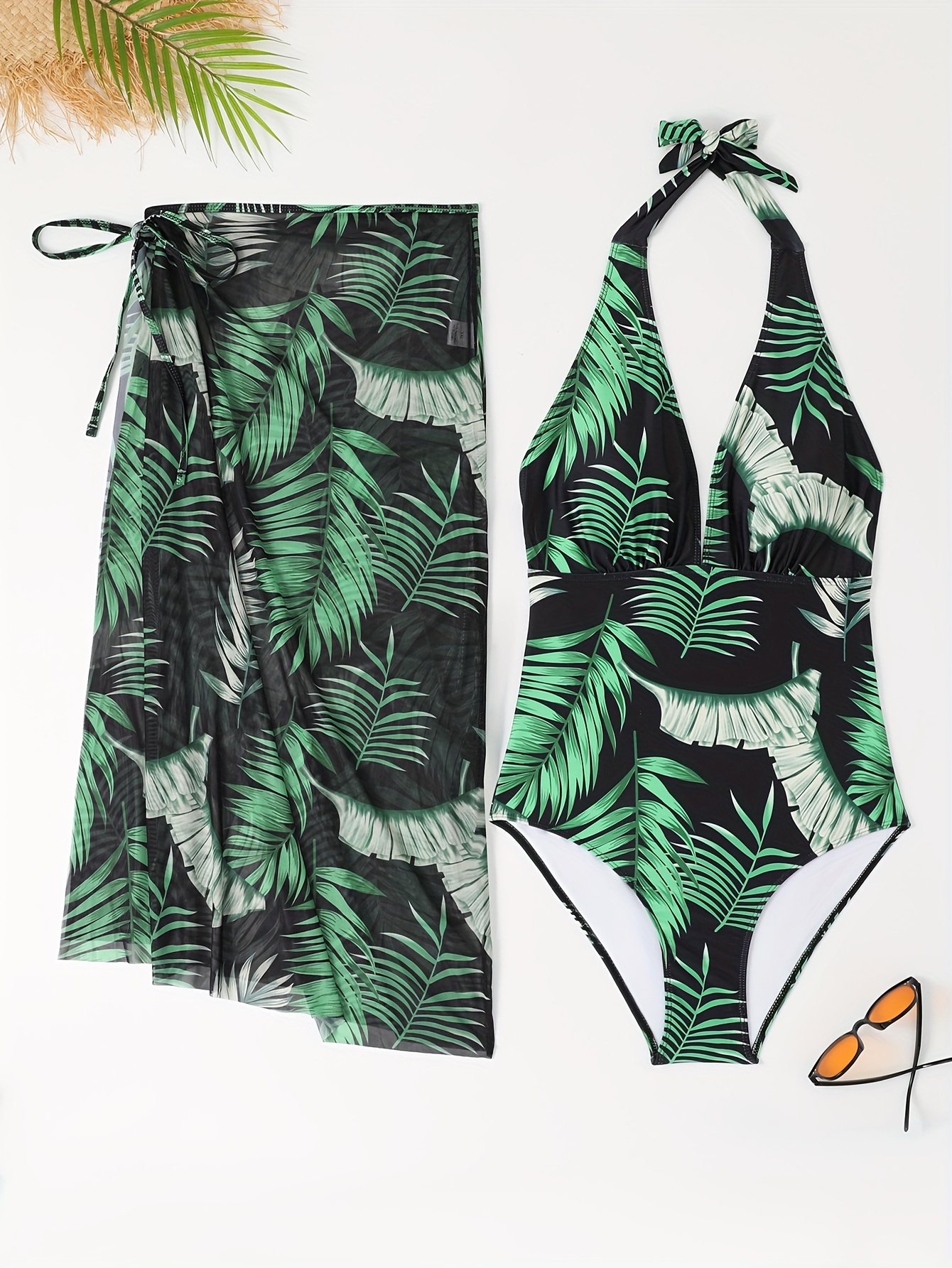 Eyelet Lace Patch Tropical Leaf Print Tankini Swimsuit Scoop - Temu Canada