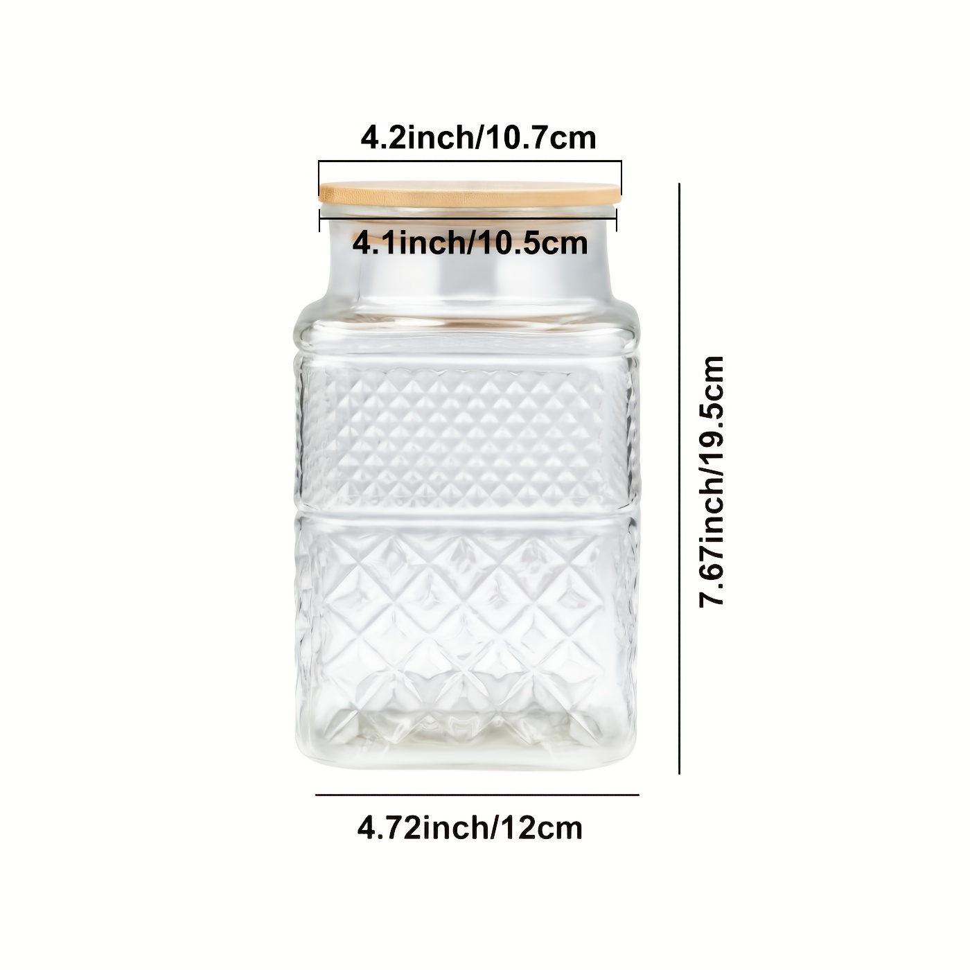 Classy Canisters 60 Ounce Square Large Glass Jar with Bamboo Lid - Large Kitchen Decorative Glass Jars with Vintage Diamond Pattern - Coffee Pasta Sug