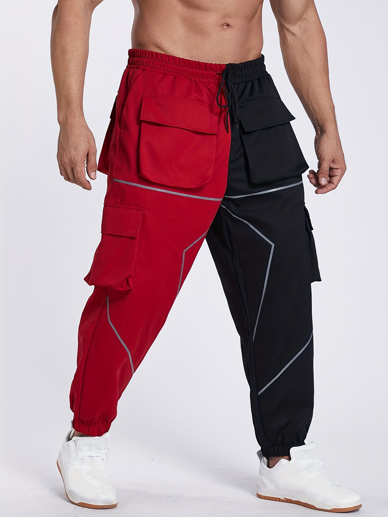 Plus Size Men's Reflective Binding Drawstring Waist Jogger Cargo Pants with Pockets Color Block Relaxed Fit Pants,Temu