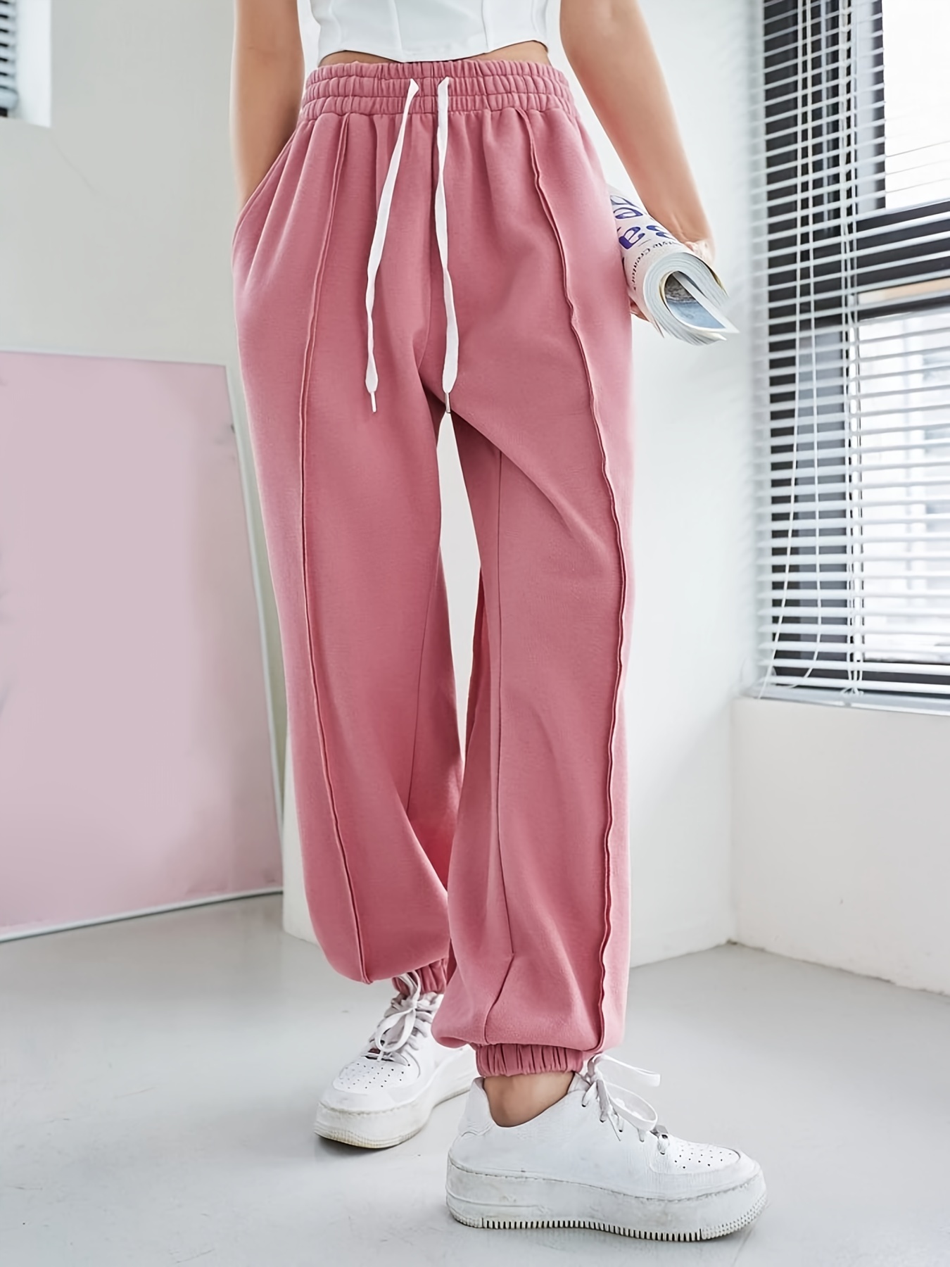 Pantalones Chándal Cintura Elástica Sólida Pantalones Jogger - Temu