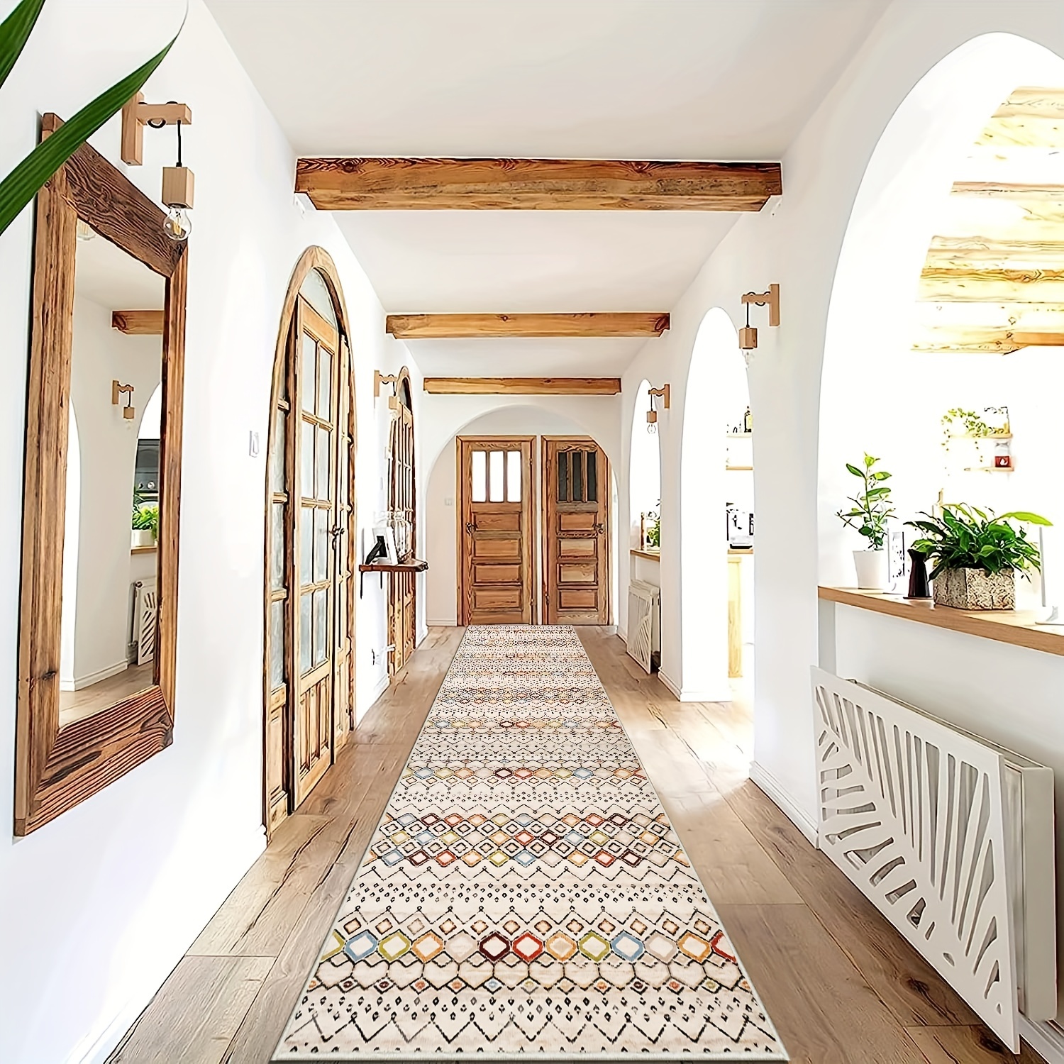 Beige & White Vinyl Floor Mat With Boho Design, North African Berber Art.  Tribal Moroccan Design on Beige Background. Kitchen Rug, Area Rug. 