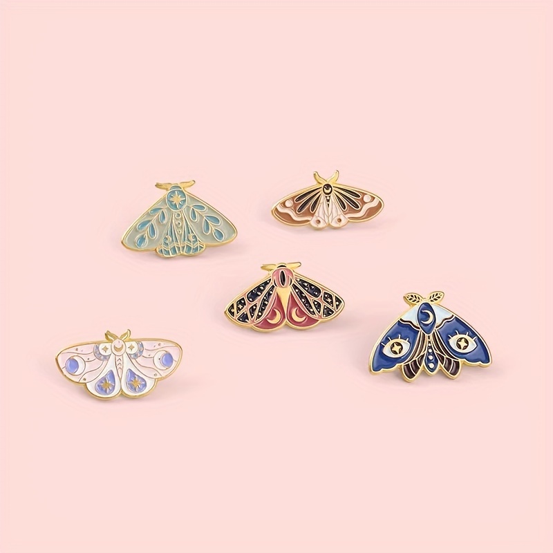 Shein 5Pcs/Set Butterfly Pins Sun Moon Moth Insect Charms Floral Moth Butterfly Enamel Pins Insect Brooches Lapel Badges Gothic Moon Nature Alloy Enamel
