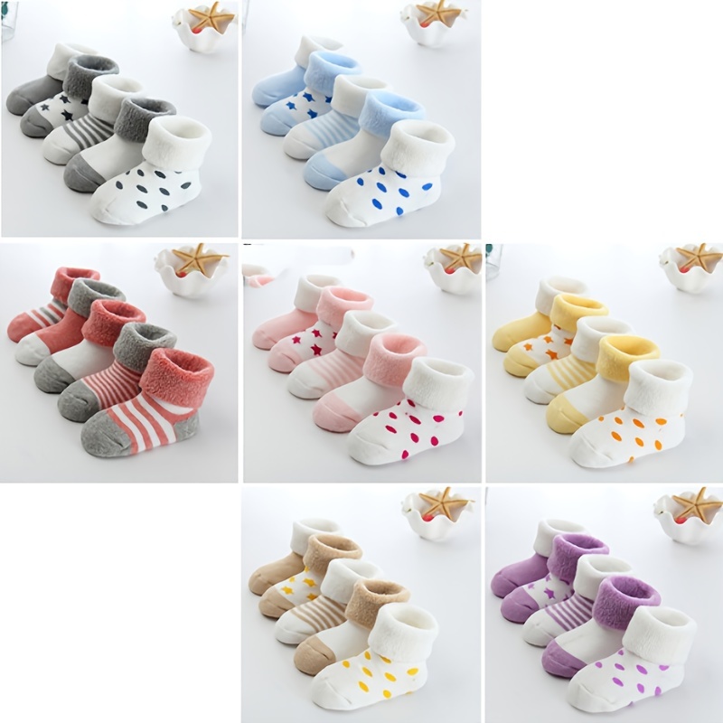 

5pairs Striped Plush Newborn Baby Spring Winter Crew Socks - Warm & Cozy For Boys And Girls