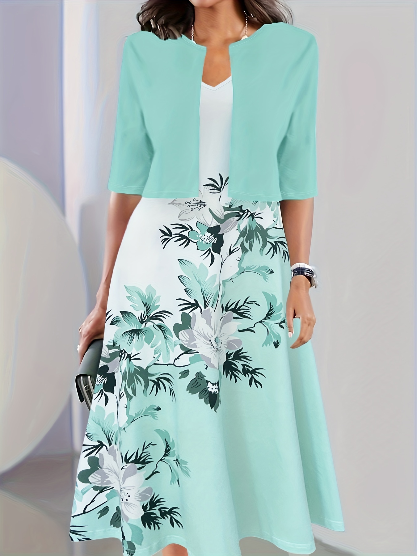 Elegant Two piece Dress Set Crop Half Sleeve Top Floral - Temu