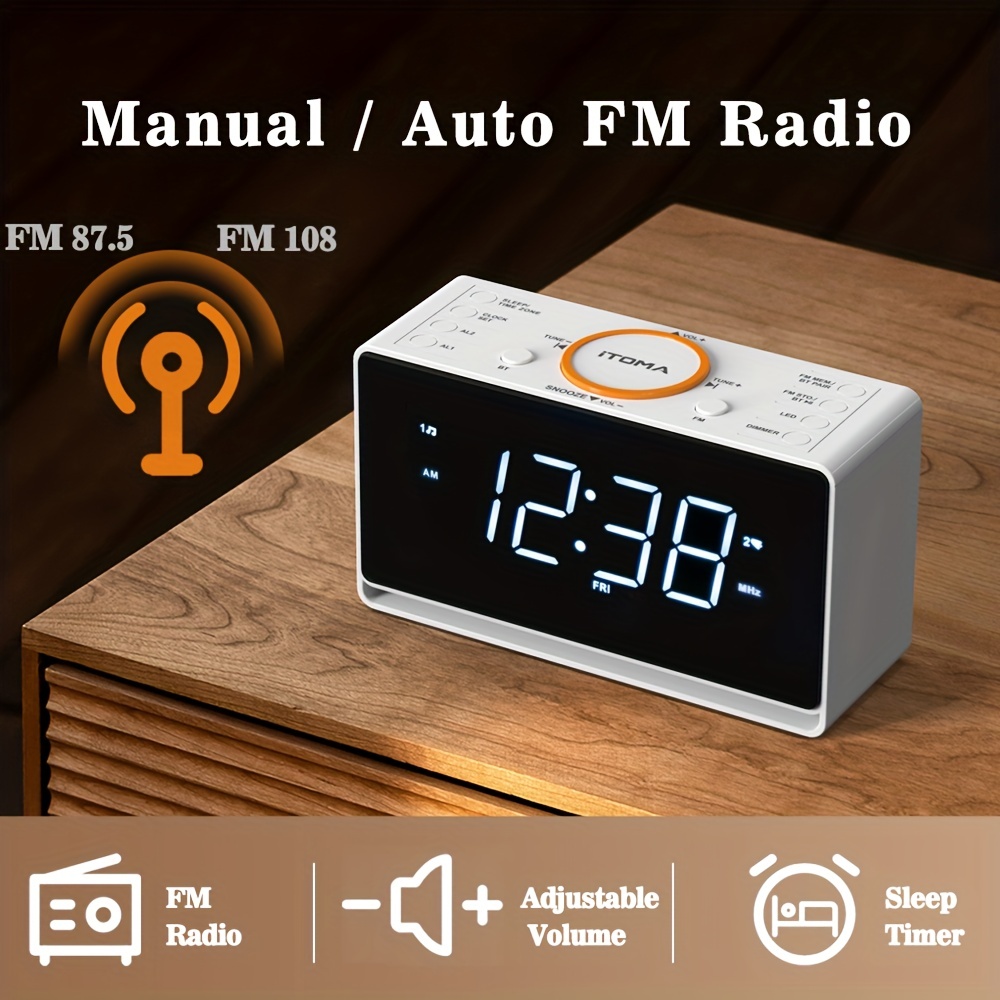 1pc, Radio Despertador, Reloj 1.4 Pantalla Led Blanca, Bluetooth