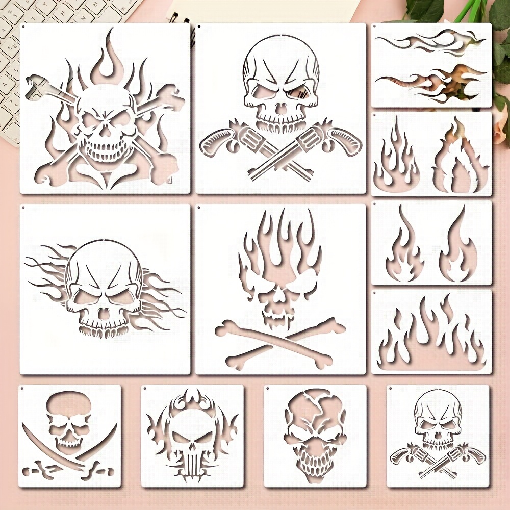 Skull Fire Stencils Reusable Skull Theme Stencil With Metal - Temu