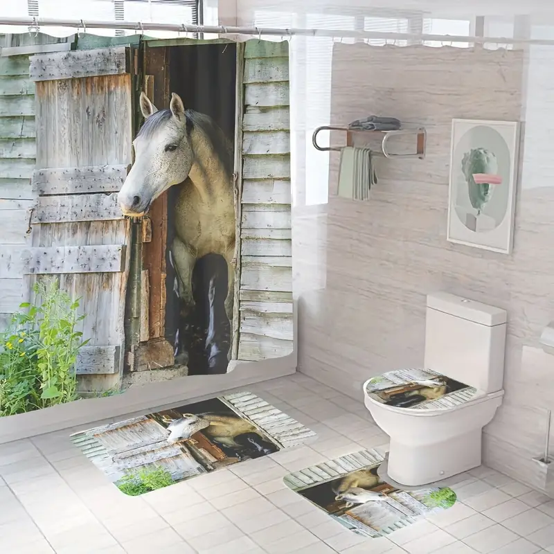 Farmhouse Horse Print Shower Curtain Set Bath Rug U shape - Temu