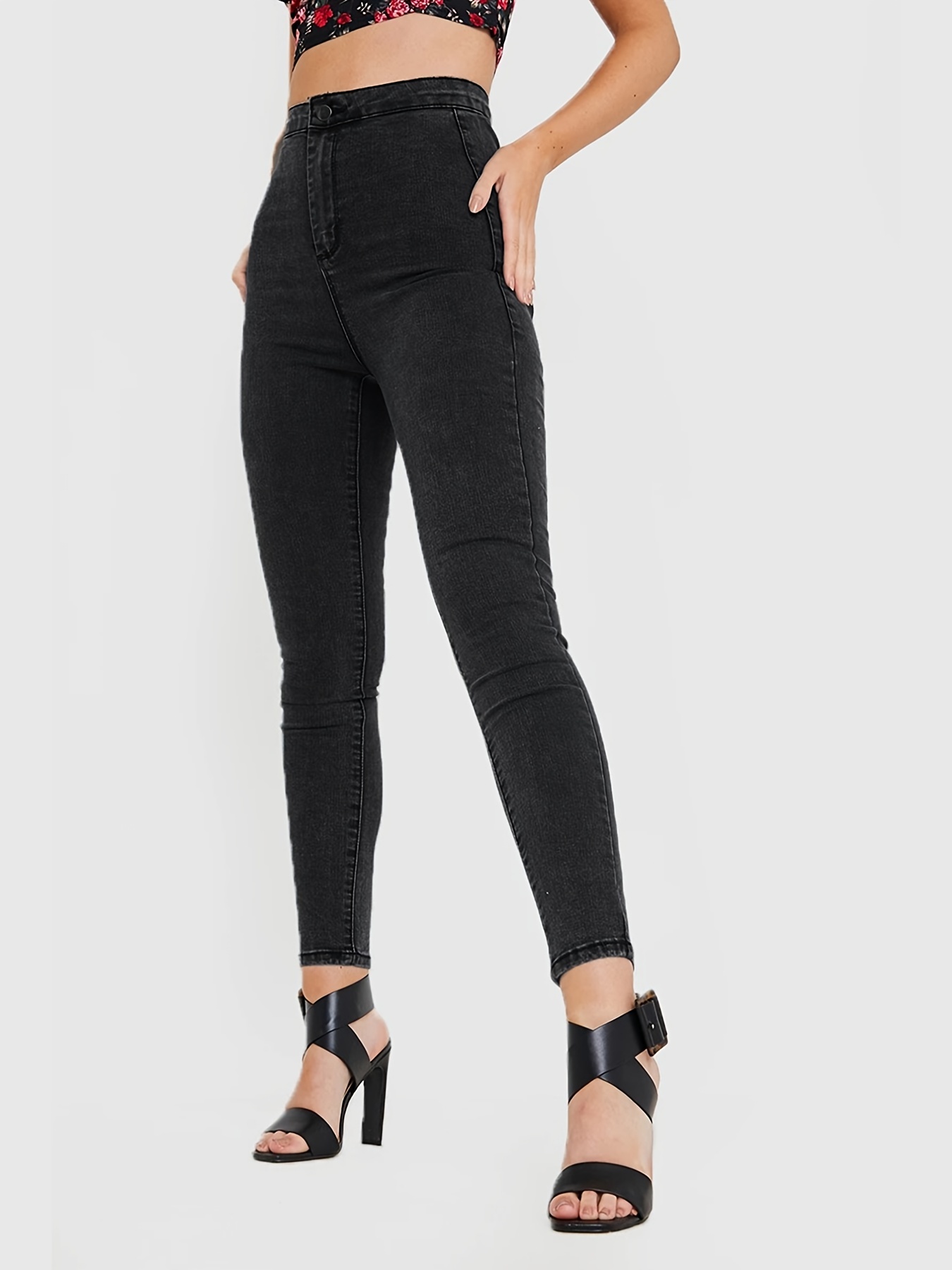 High Waist Washed Black Skinny Jeans Tight Fit Stretchy - Temu Canada