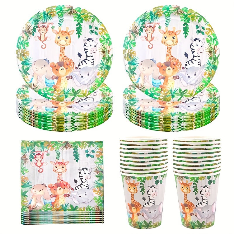 Jungle Animal Vaisselle Jetable Set Assiette en papier Tasse Serviette  Sauvage Un 1er anniversaire Forest Animaux Vaisselle Jungle Safari Décor