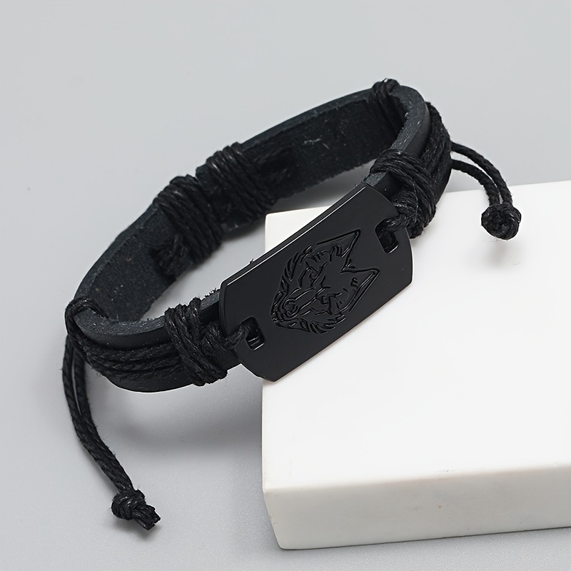 Retro Fashion Titanium Steel Black Leather Hemp Rope Bracelet