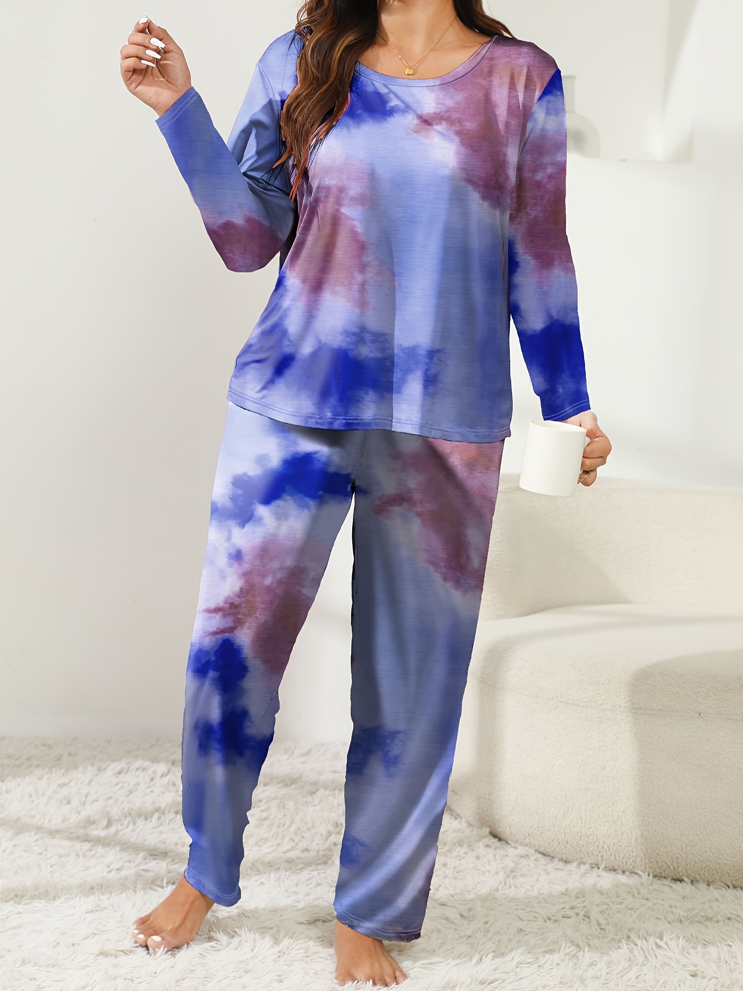 Plus Size Trendy Lounge Set, Women's Plus Tie Dye Long Sleeve Round Neck  Tee Pants Pajamas Piece Set