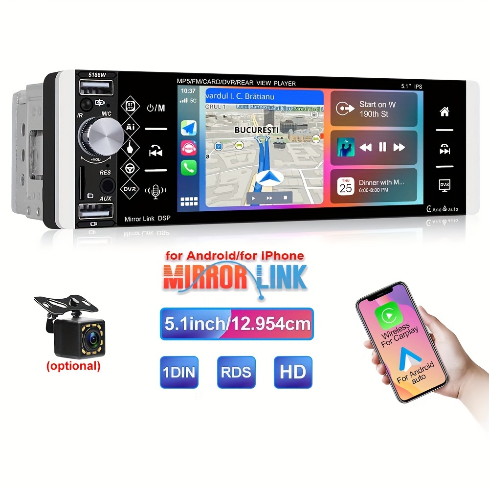 Estéreo de coche con pantalla táctil abatible de un solo DIN con Apple  Carplay y Android Auto, 1 Din Radio Soporte Bluetooth Mirror Link Control