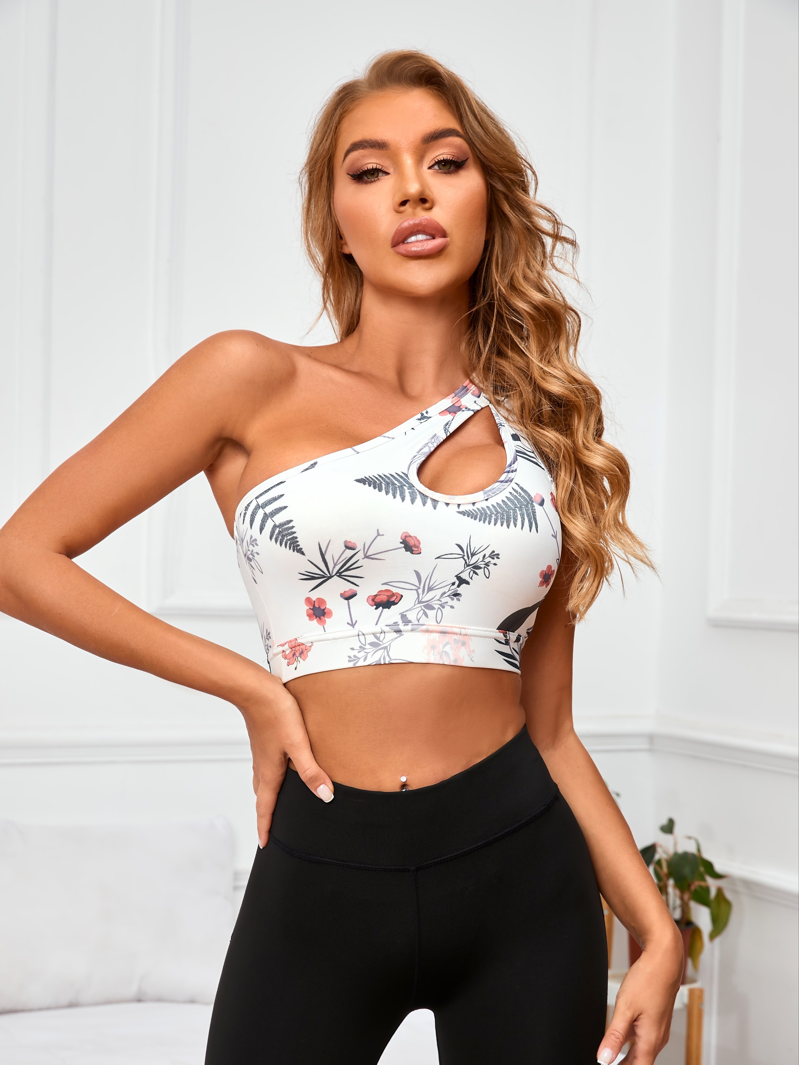 Floral Print Stretchy One Shoulder Sports Bra Hollow Front - Temu