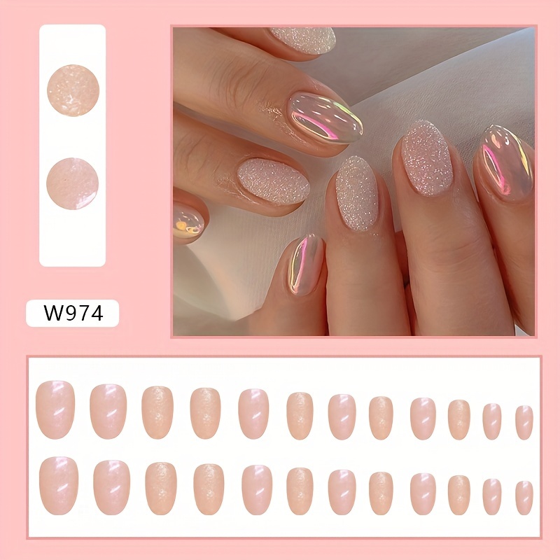 Short Round Head Fake Nails Glitter Press On Nails - Temu