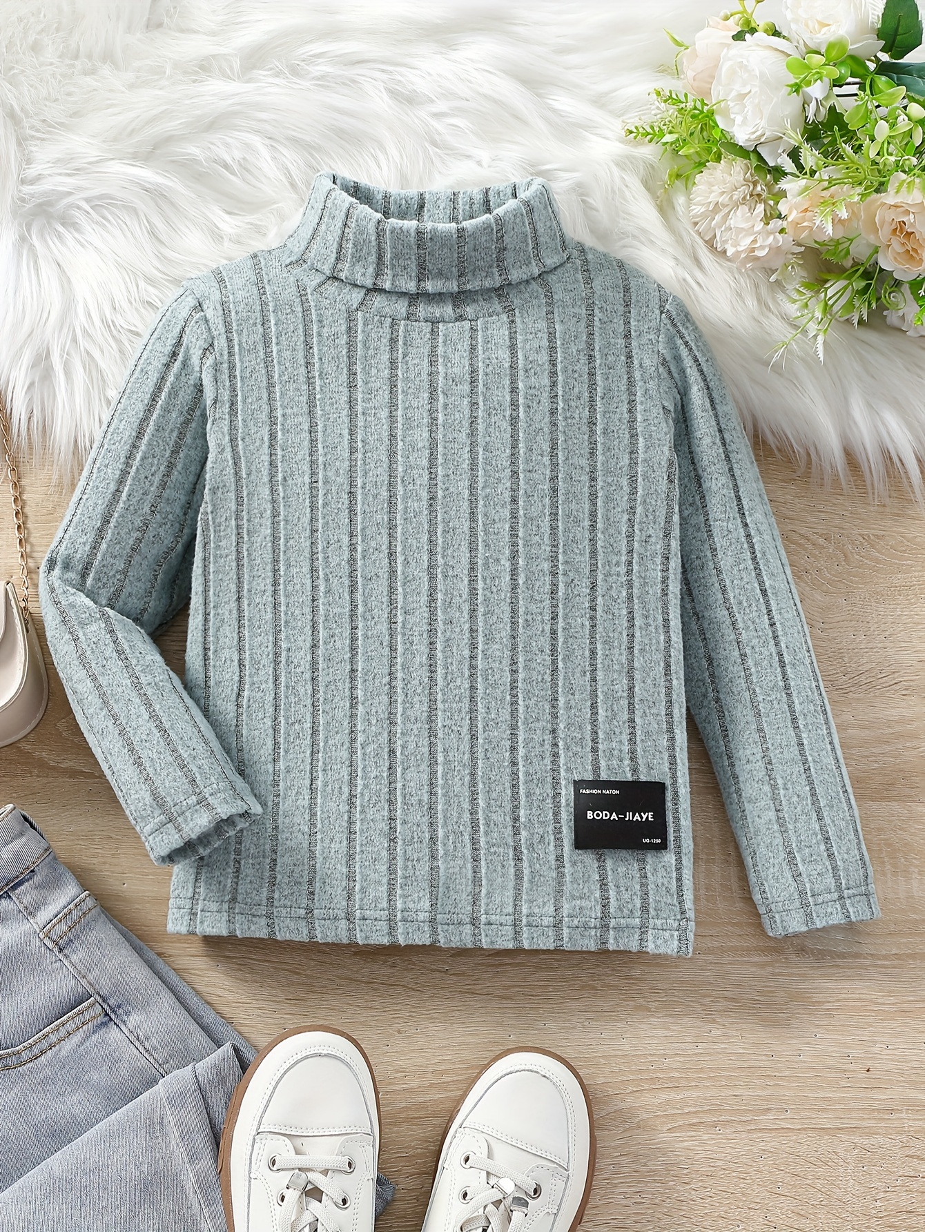 Versatile Turtleneck Long Sleeve Ribbed Sweater Girls Warm Temu